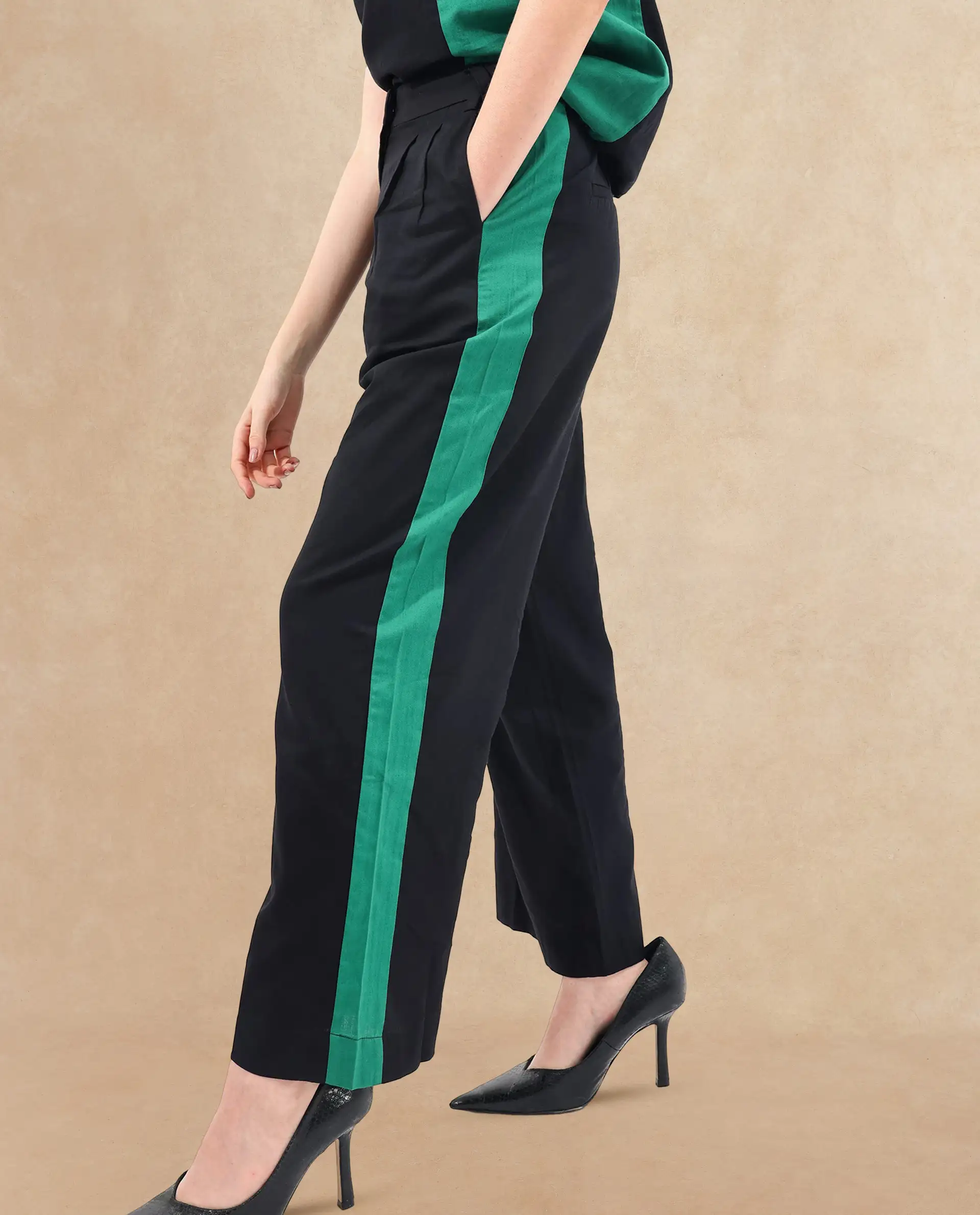 Rareism Women's Caruana-B Black Cotton Color Block Ankle Length Straight Fit Trouser - Image 3