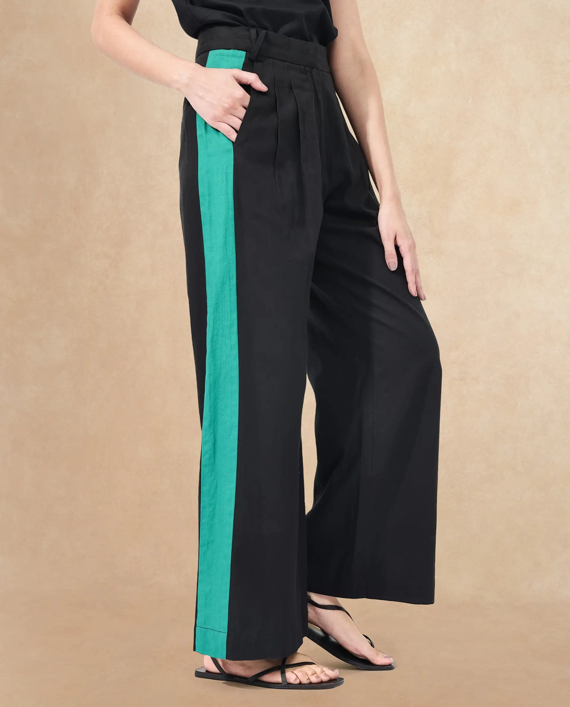 Rareism Women's Caruana-B Black Cotton Color Block Ankle Length Straight Fit Trouser - Image 5