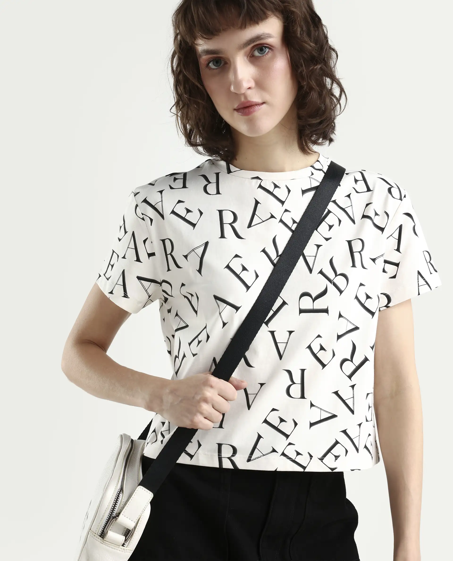 Rareism Women's Cassia Off White Cotton Blend Crew Neck Monogram Print Crop Regular Fit T-Shirt