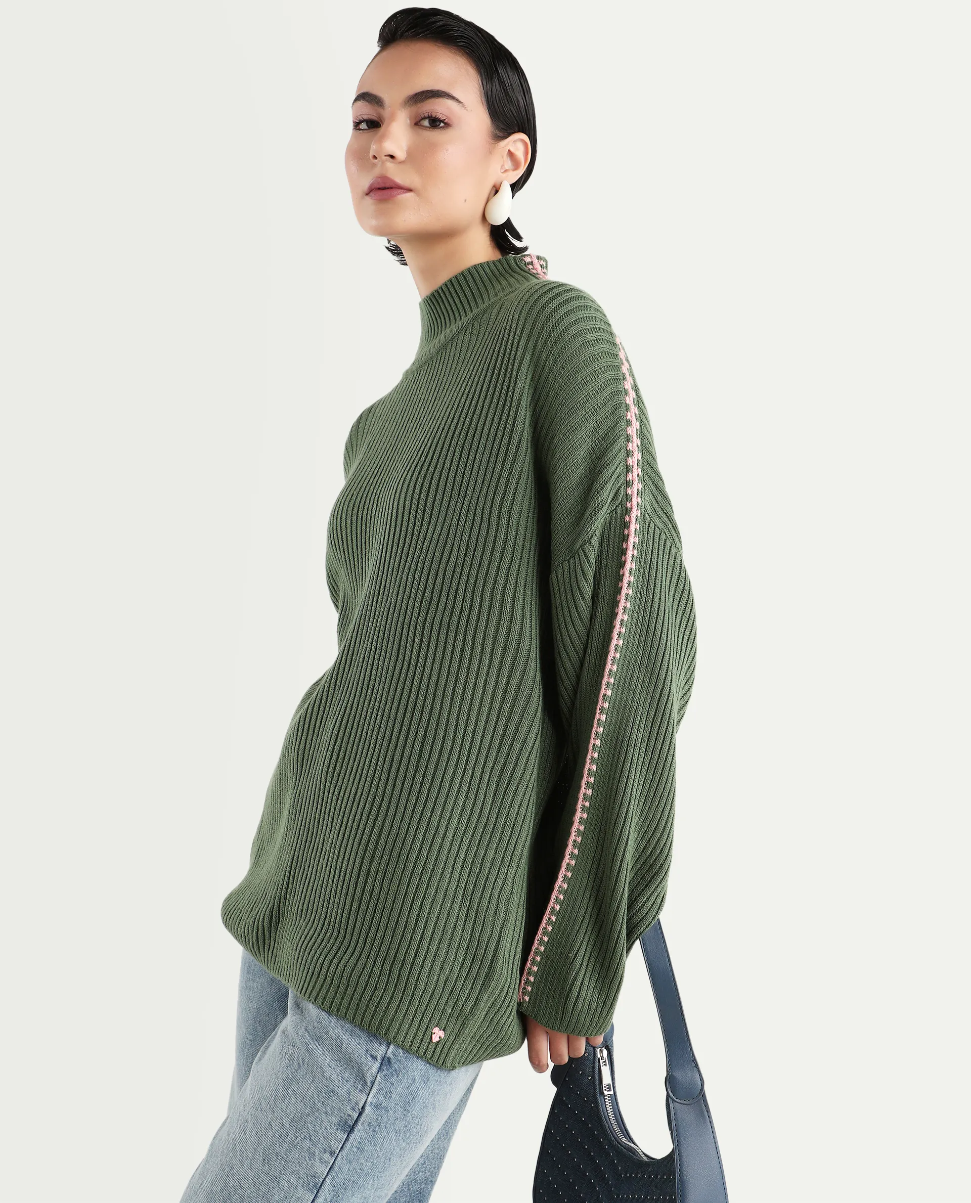 Rareism Women's Cassiopiea Olive Acrylic High Neck Plain Relaxed Fit Sweater