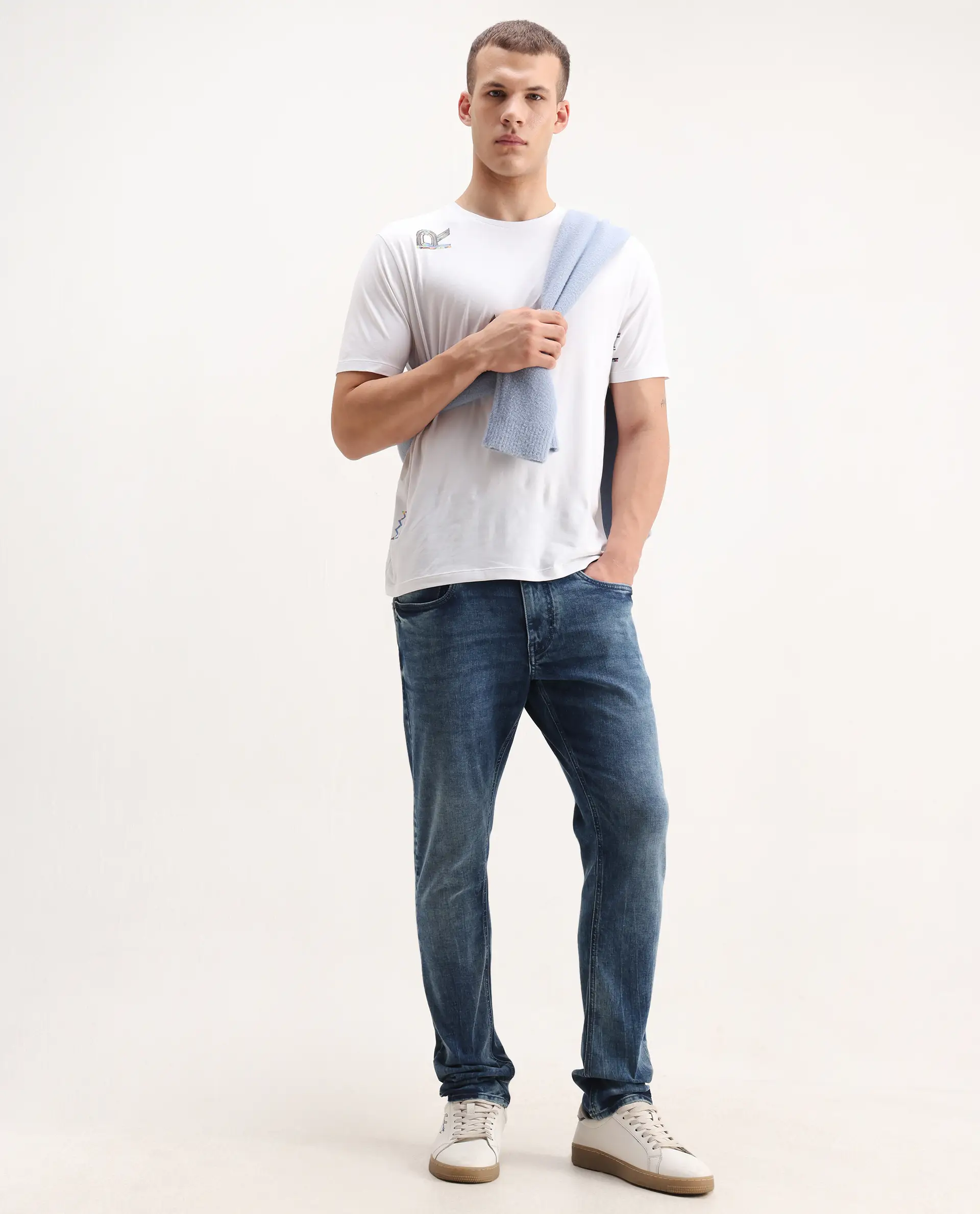 Rare Rabbit Men's Cast Blue Cotton Blend Plain Hawk Slim Fit Jeans