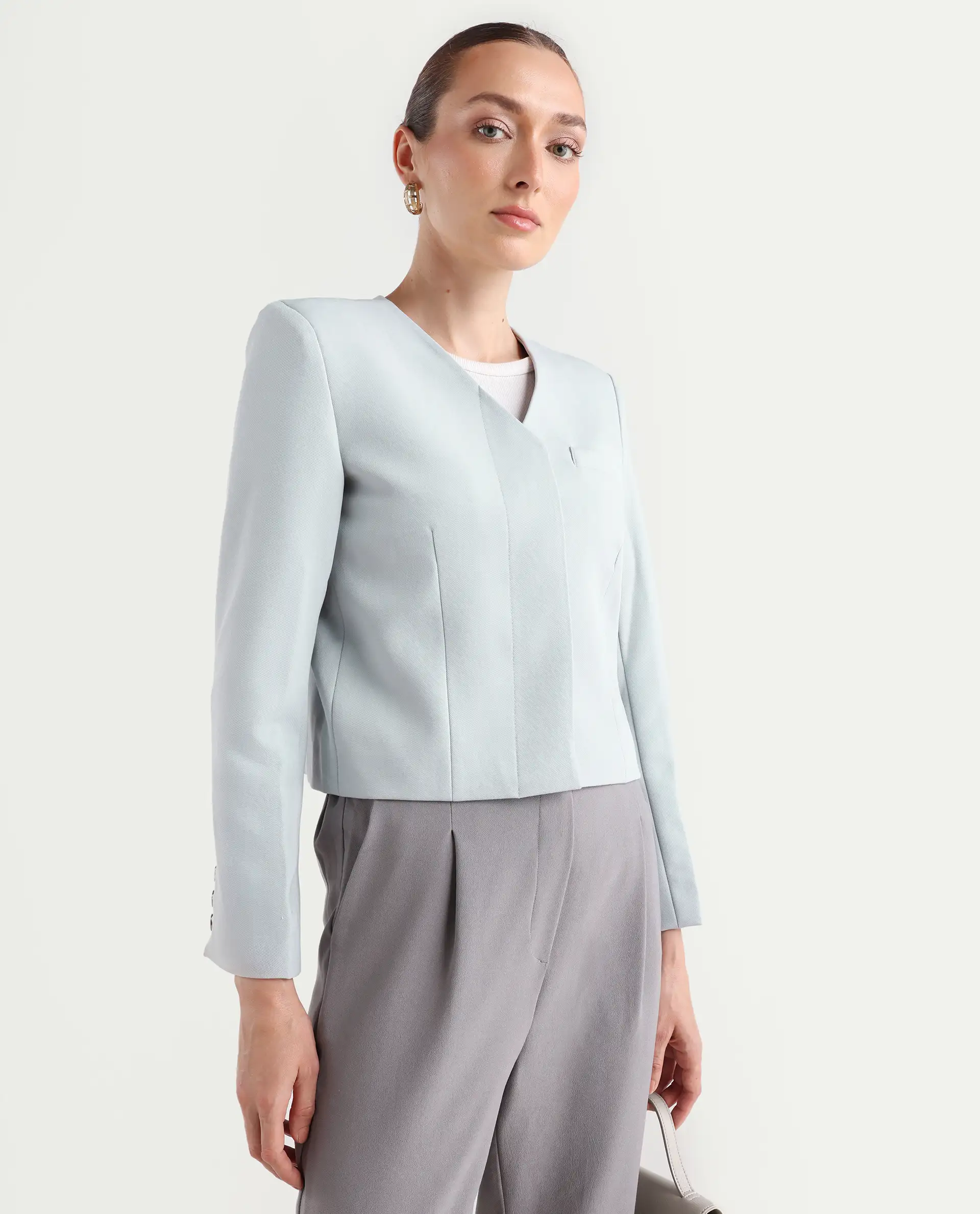 Rareism Women's Castlei Light Grey V-Neck Plain Regular Fit Jacket