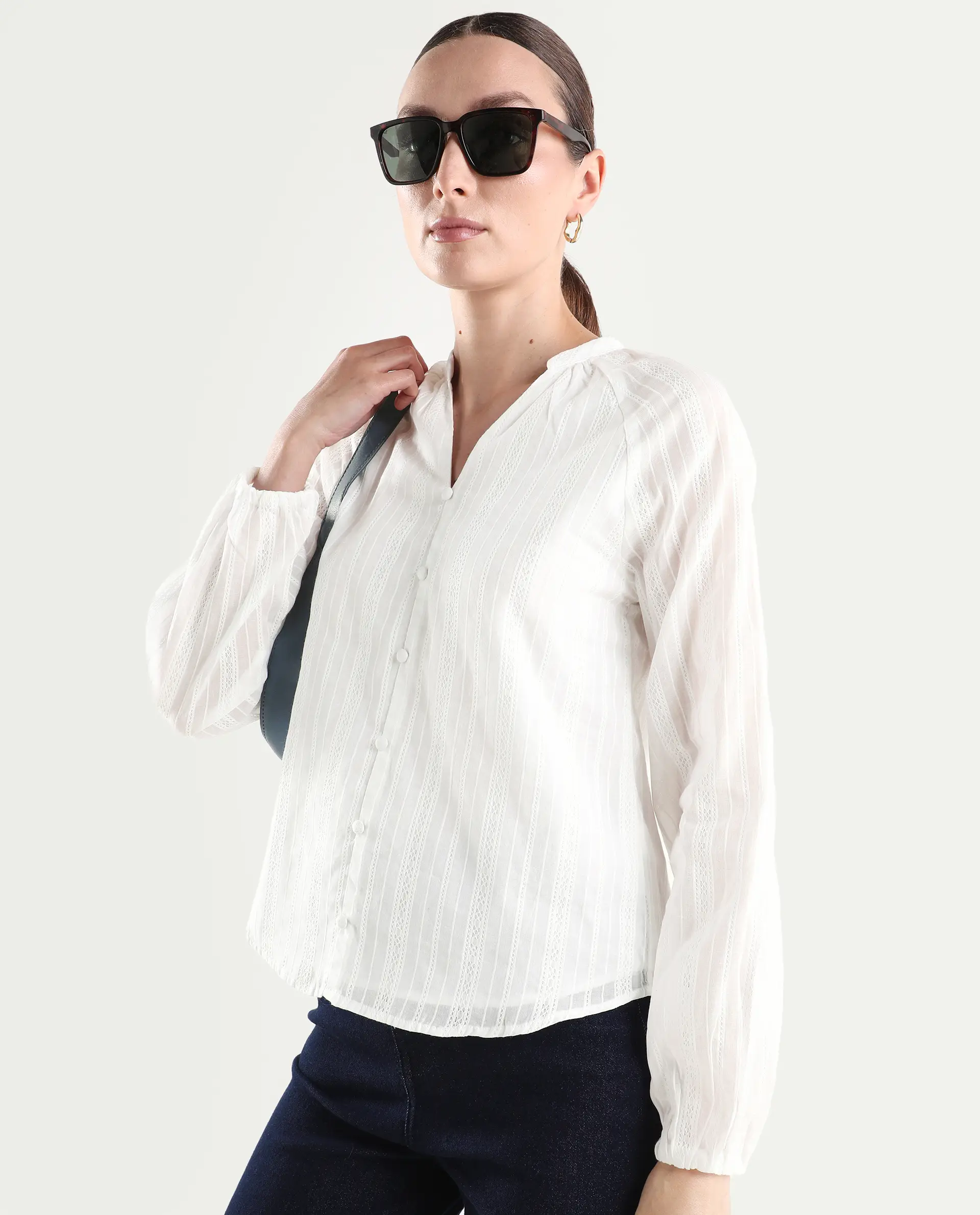 Rareism Women's Cava White Cotton Full Sleeve Regular Fit Plain Top