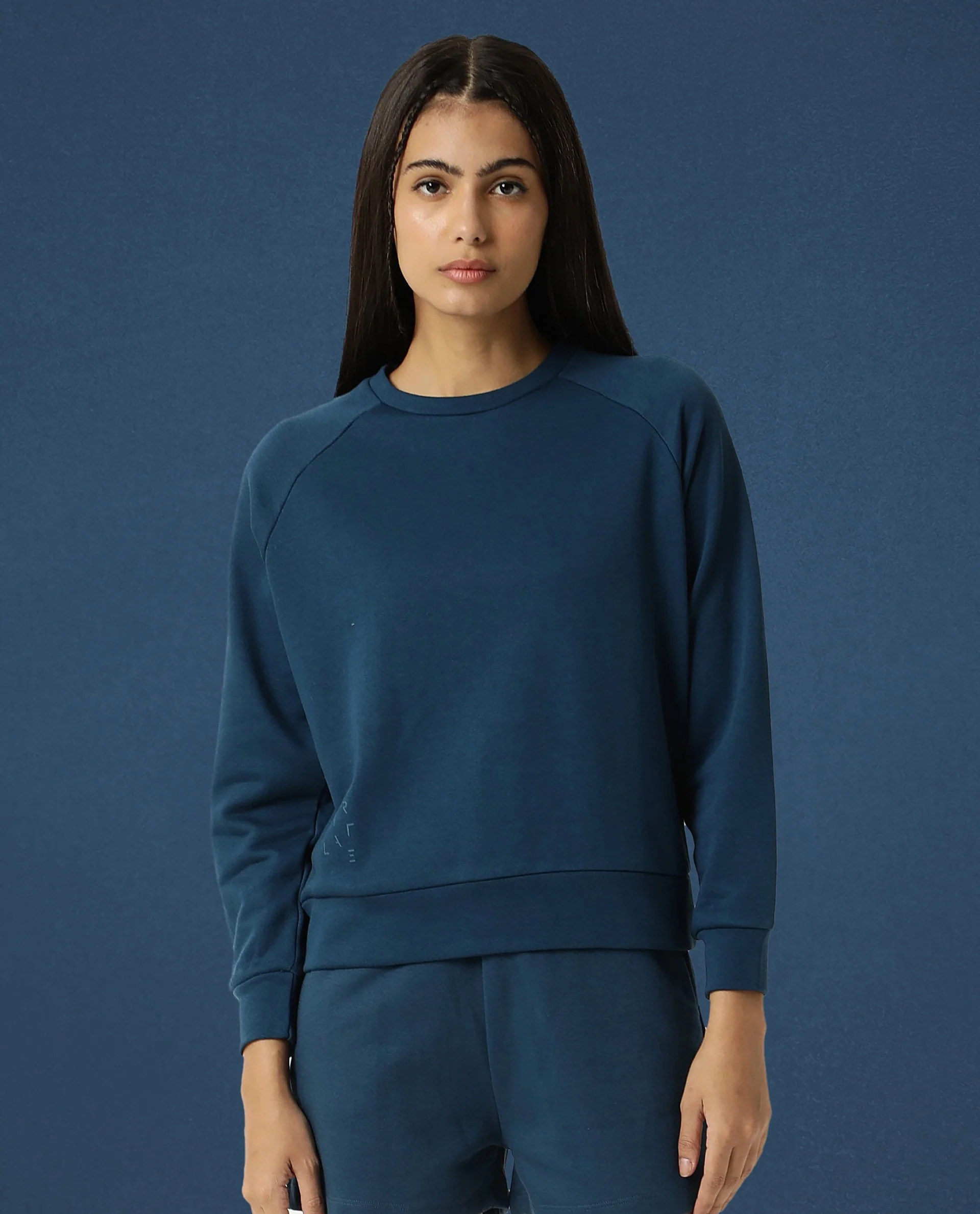 Rareism Women's Medium Weight Terry 290 Gsm Cotton Blend Crew Neck Plain Cuffed Sleeve Relaxed Fit Sweatshirt