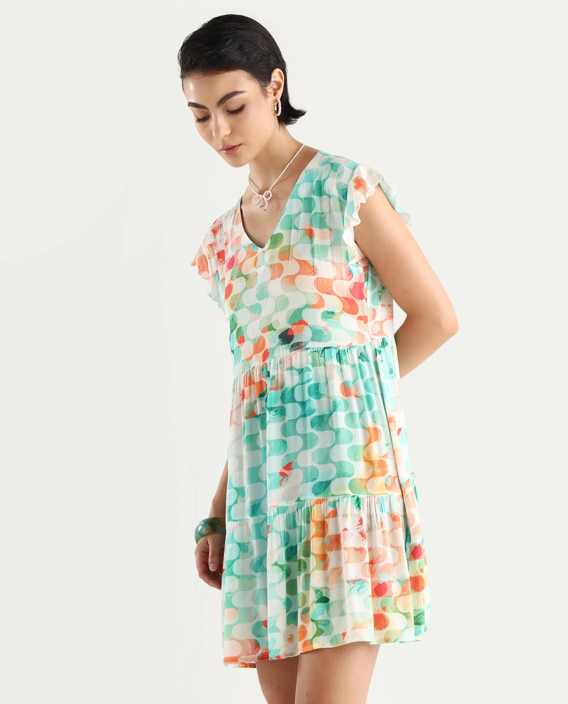 Rareism Women's Celentie Flouroscent Multi V-Neck Geometric Print Ruffled Sleeve Mini Fit And Flare Dress