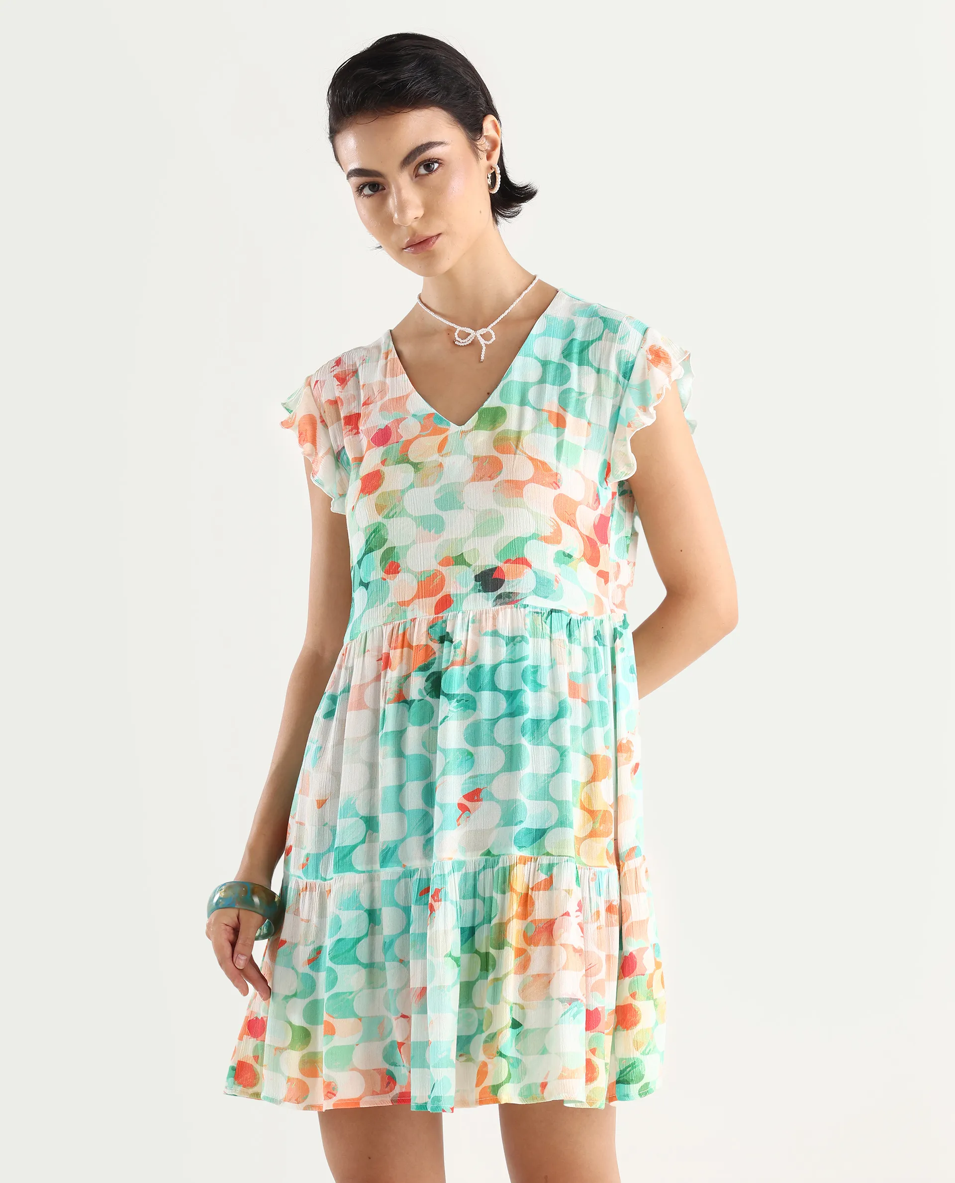 Rareism Women's Celentie Flouroscent Multi V-Neck Geometric Print Ruffled Sleeve Mini Fit And Flare Dress - Image 3