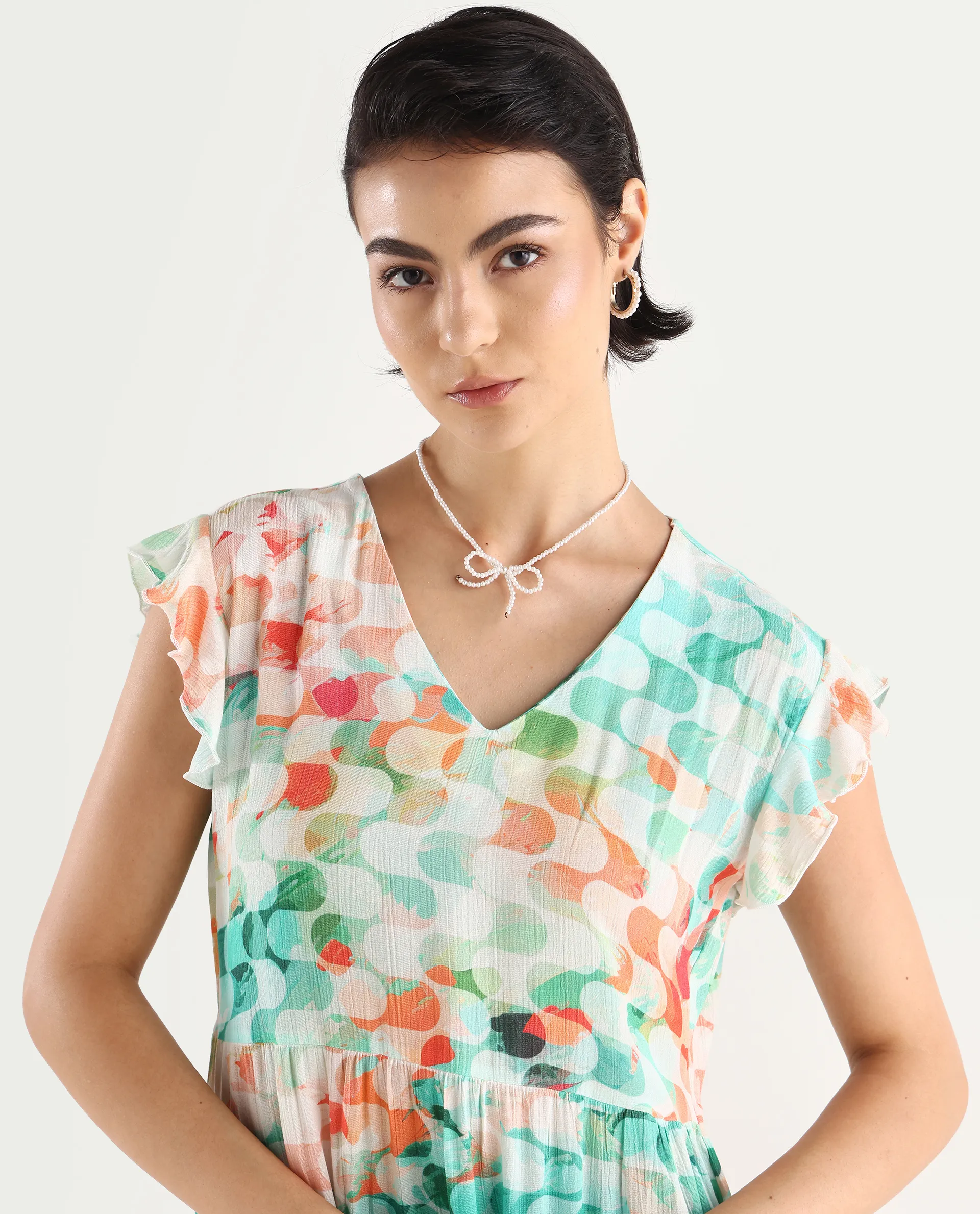 Rareism Women's Celentie Flouroscent Multi V-Neck Geometric Print Ruffled Sleeve Mini Fit And Flare Dress - Image 4