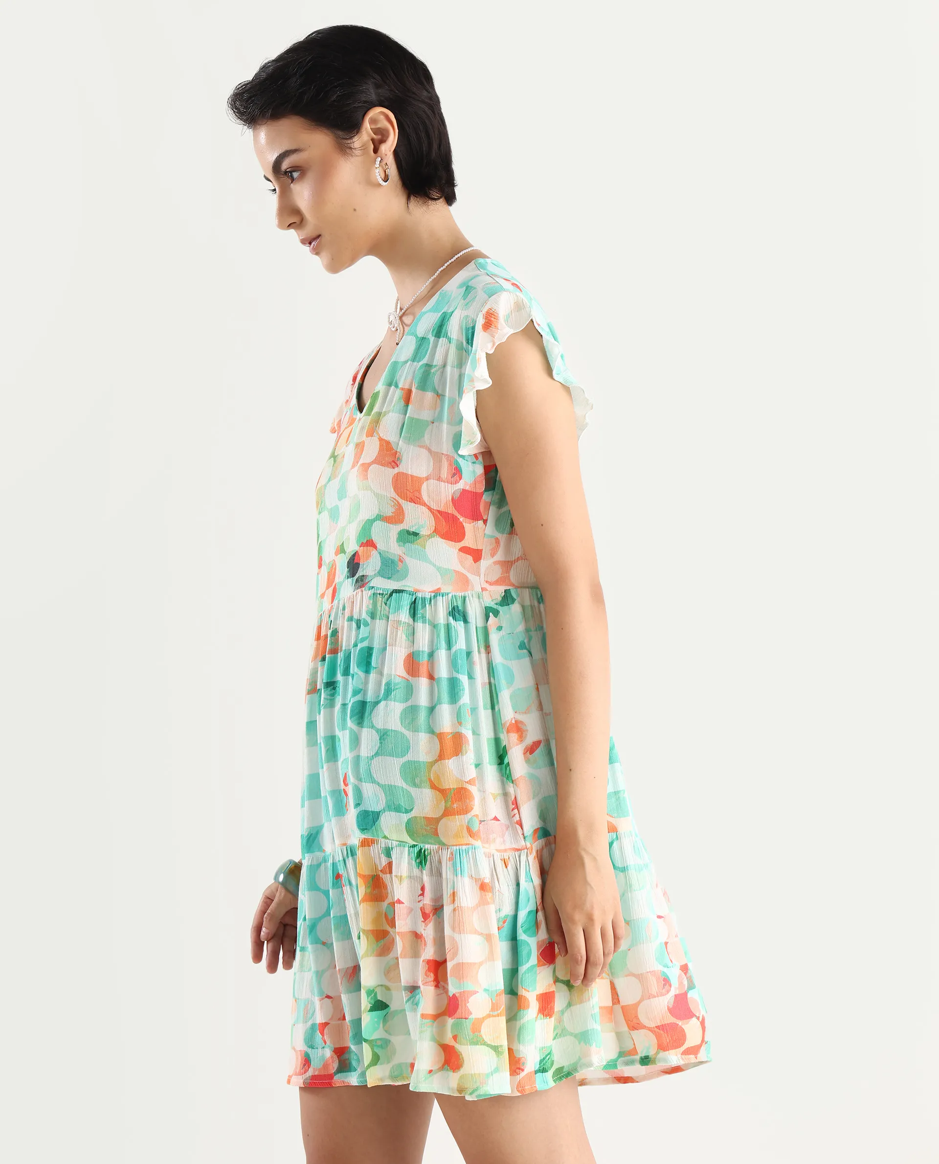 Rareism Women's Celentie Flouroscent Multi V-Neck Geometric Print Ruffled Sleeve Mini Fit And Flare Dress - Image 6