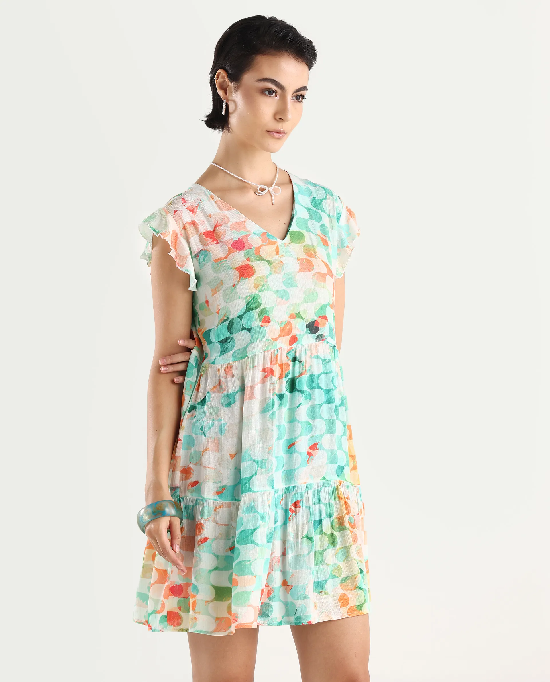 Rareism Women's Celentie Flouroscent Multi V-Neck Geometric Print Ruffled Sleeve Mini Fit And Flare Dress - Image 7