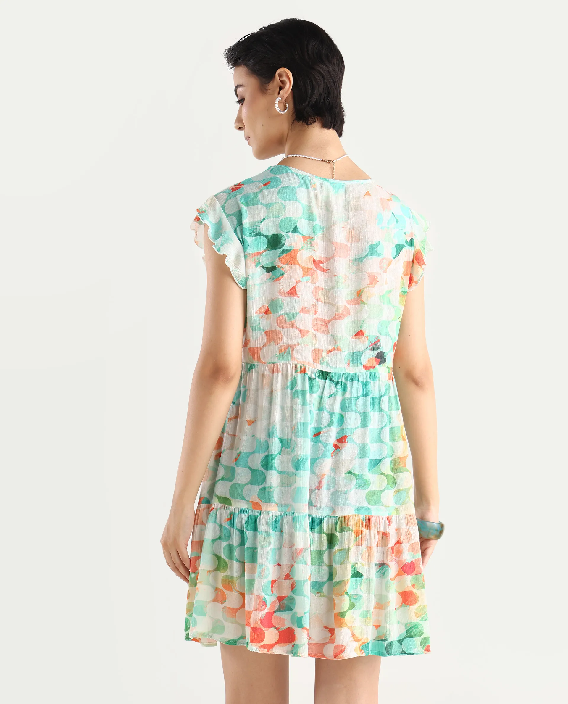 Rareism Women's Celentie Flouroscent Multi V-Neck Geometric Print Ruffled Sleeve Mini Fit And Flare Dress - Image 8