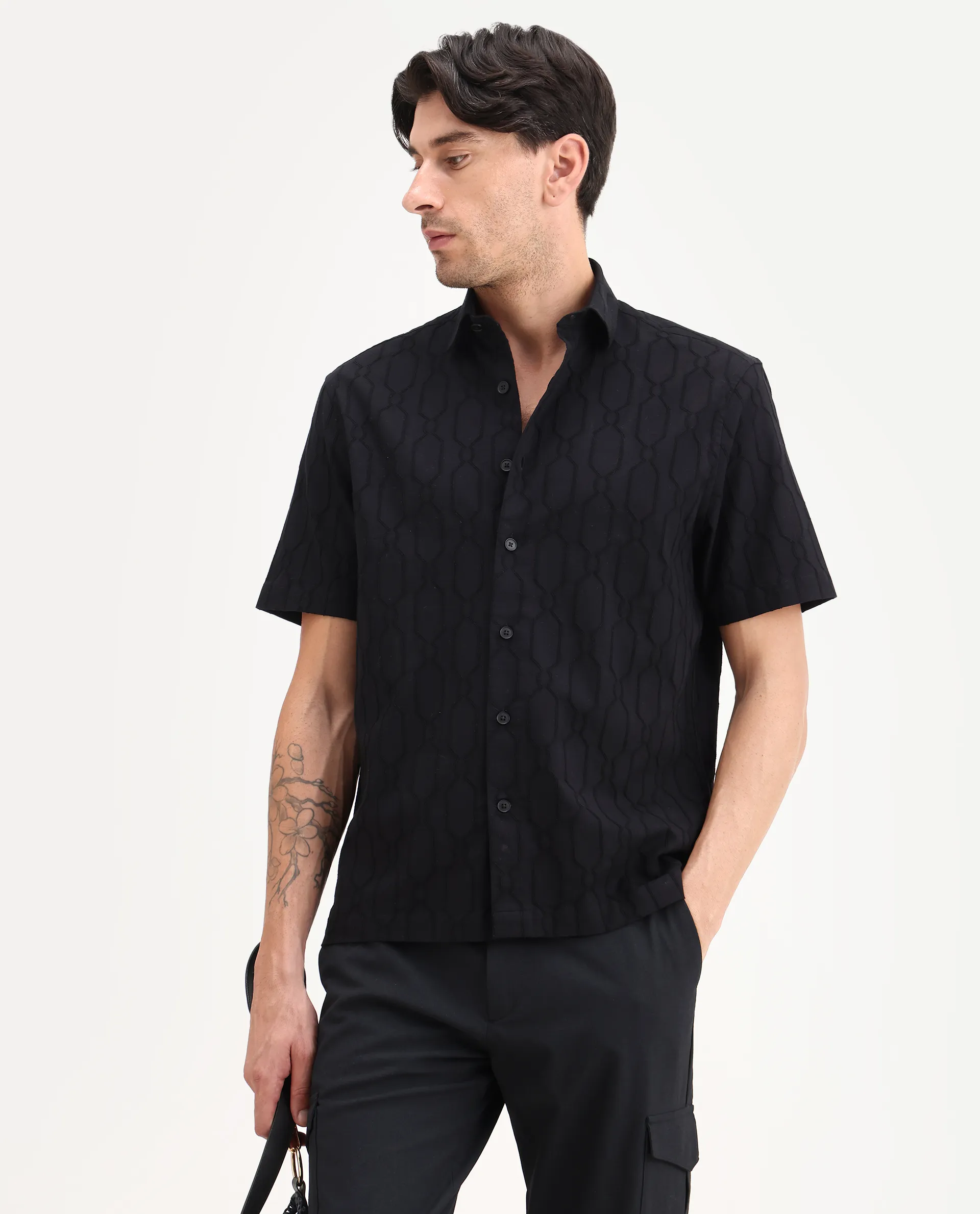 Rare Rabbit Men's Celle Black Cotton Blend Fabric Half Sleeve Spread Collar Regular Fit Shirt