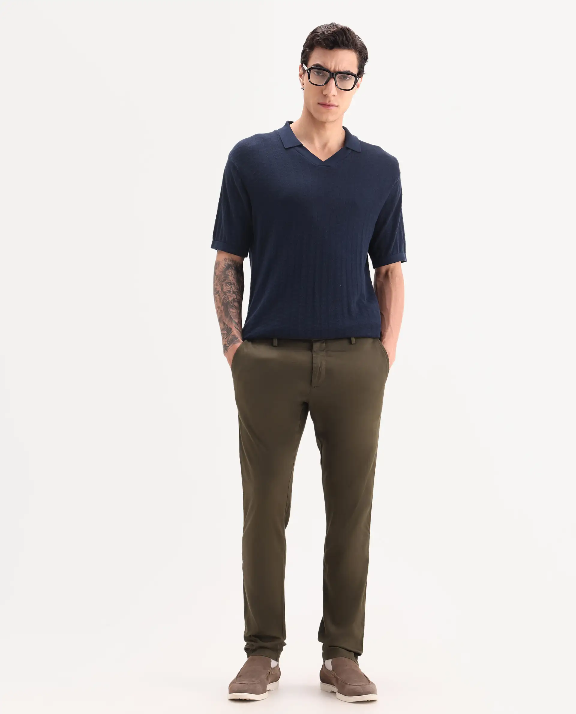 Rare Rabbit Men's Cellular Olive Cotton Plain Regular Fit Trouser
