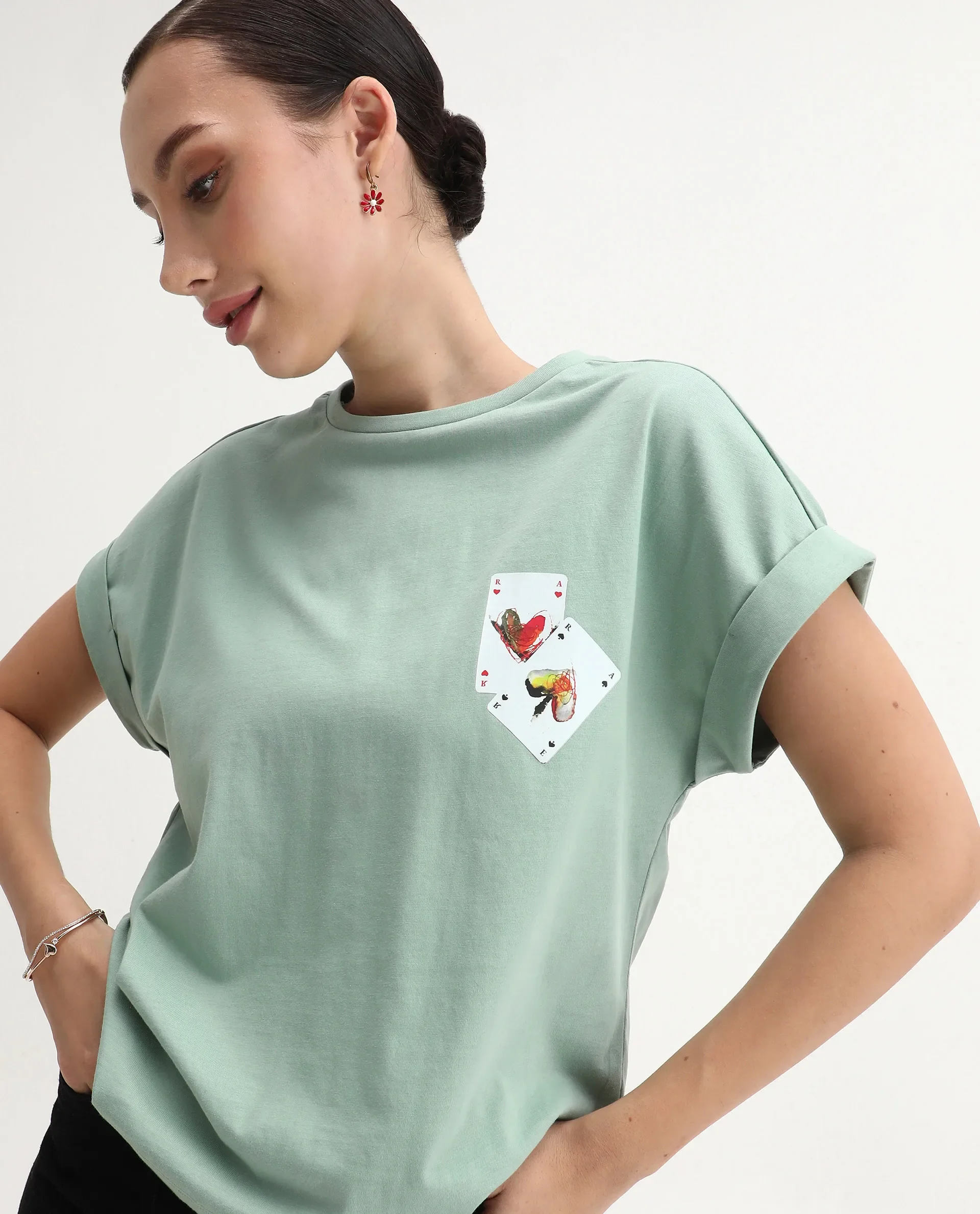 Rareism Women's Cerd Light Green Cotton Fabric Crew Neck Relaxed Fit Graphic Print T-Shirt