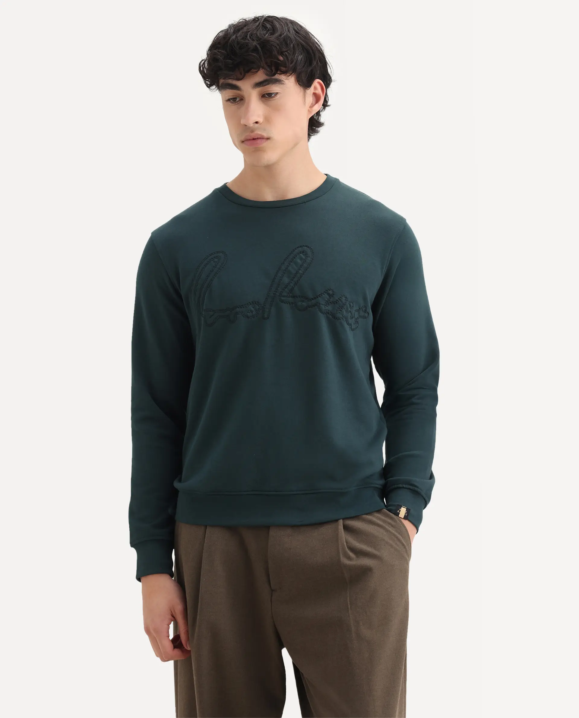 Rare Rabbit Men's Cerdo Dark Green Cotton Embroidered Regular Fit Full Sleeve Crew Neck Sweatshirt - Image 4