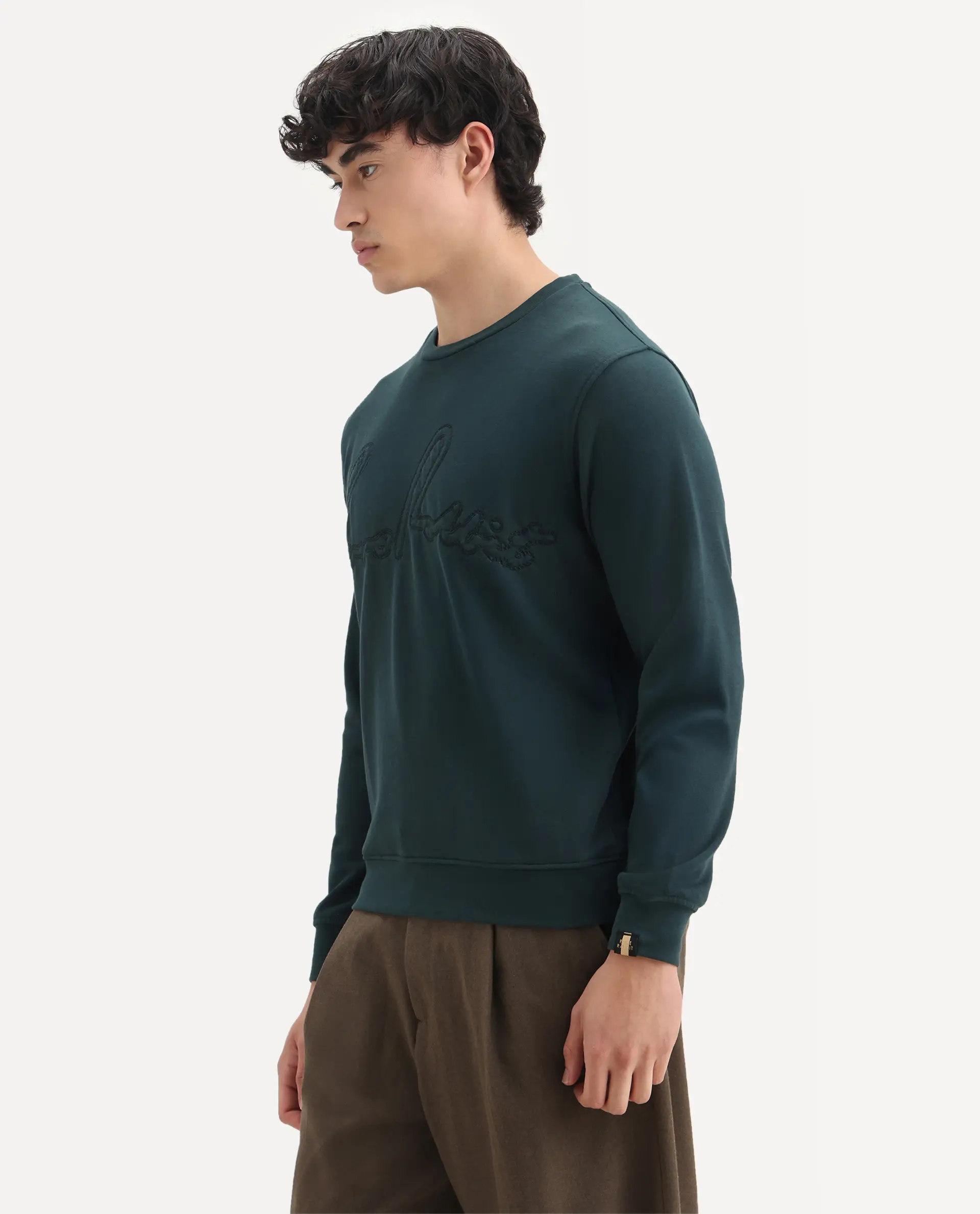 Rare Rabbit Men's Cerdo Dark Green Cotton Embroidered Regular Fit Full Sleeve Crew Neck Sweatshirt - Image 5