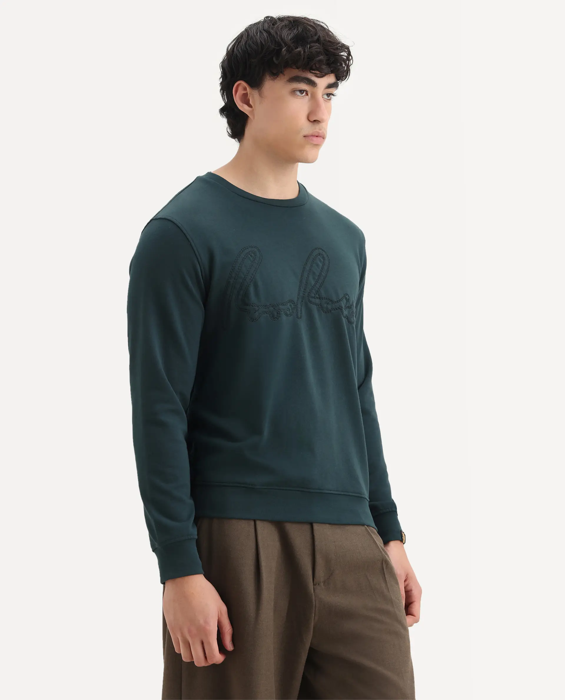 Rare Rabbit Men's Cerdo Dark Green Cotton Embroidered Regular Fit Full Sleeve Crew Neck Sweatshirt - Image 6