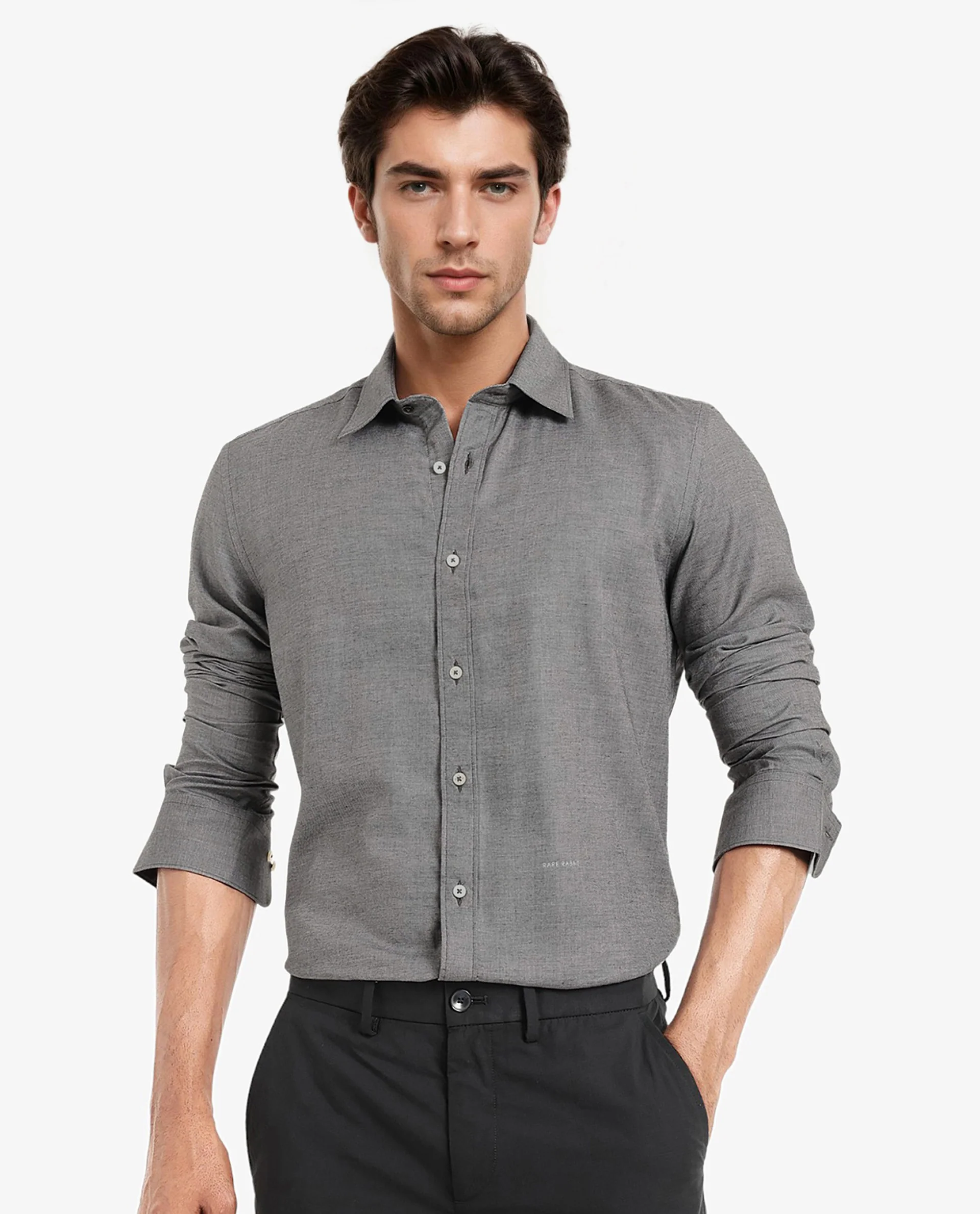 Rare Rabbit Men's Chapelle Black Cotton Plain Regular Fit Full Sleeve Collared Shirt