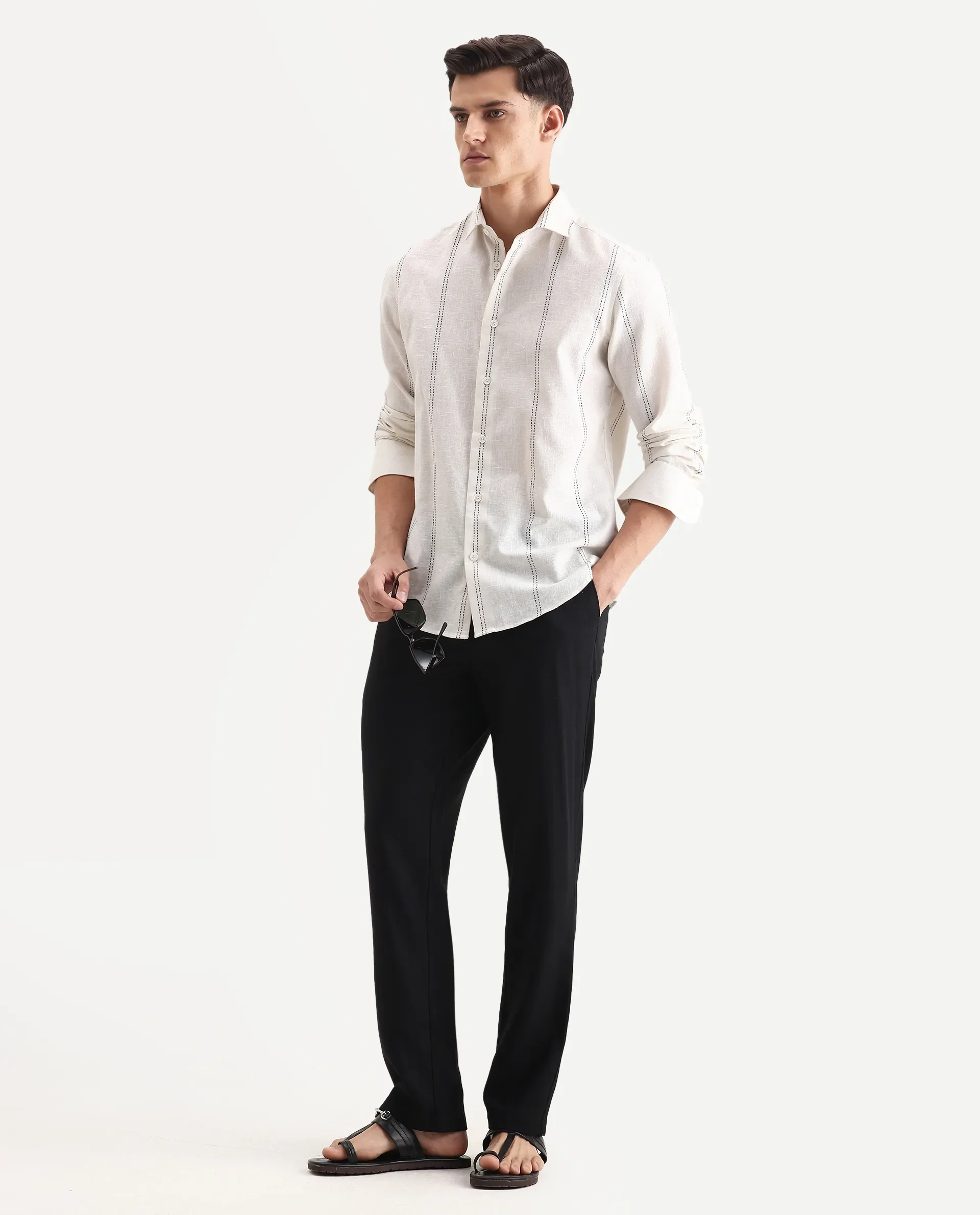 Rare Rabbit Men Chinio Black Linen Blend Drawstring Closure Plain Trouser