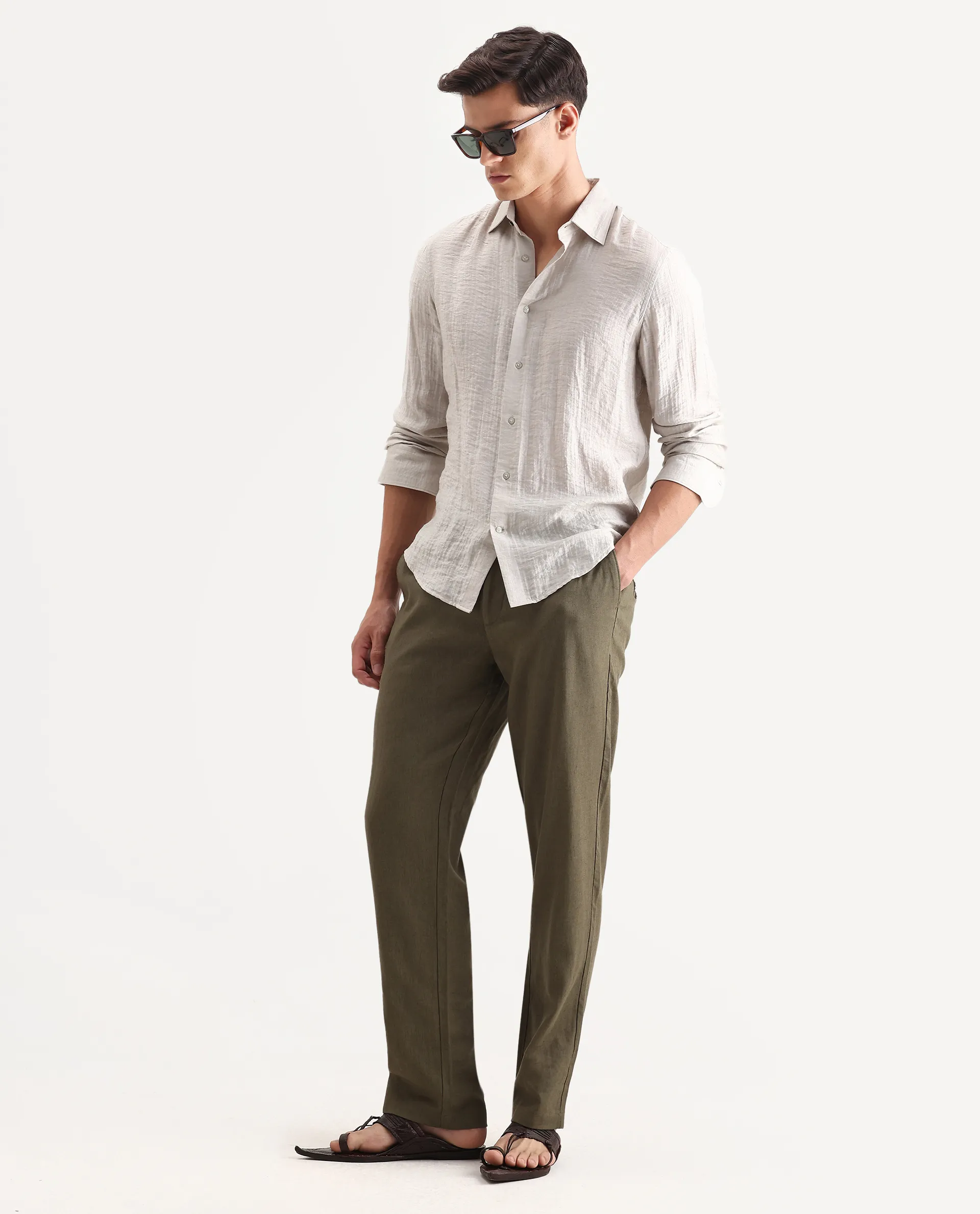 Rare Rabbit Men Chinio Dark Olive Linen Blend Drawstring Closure Plain Trouser