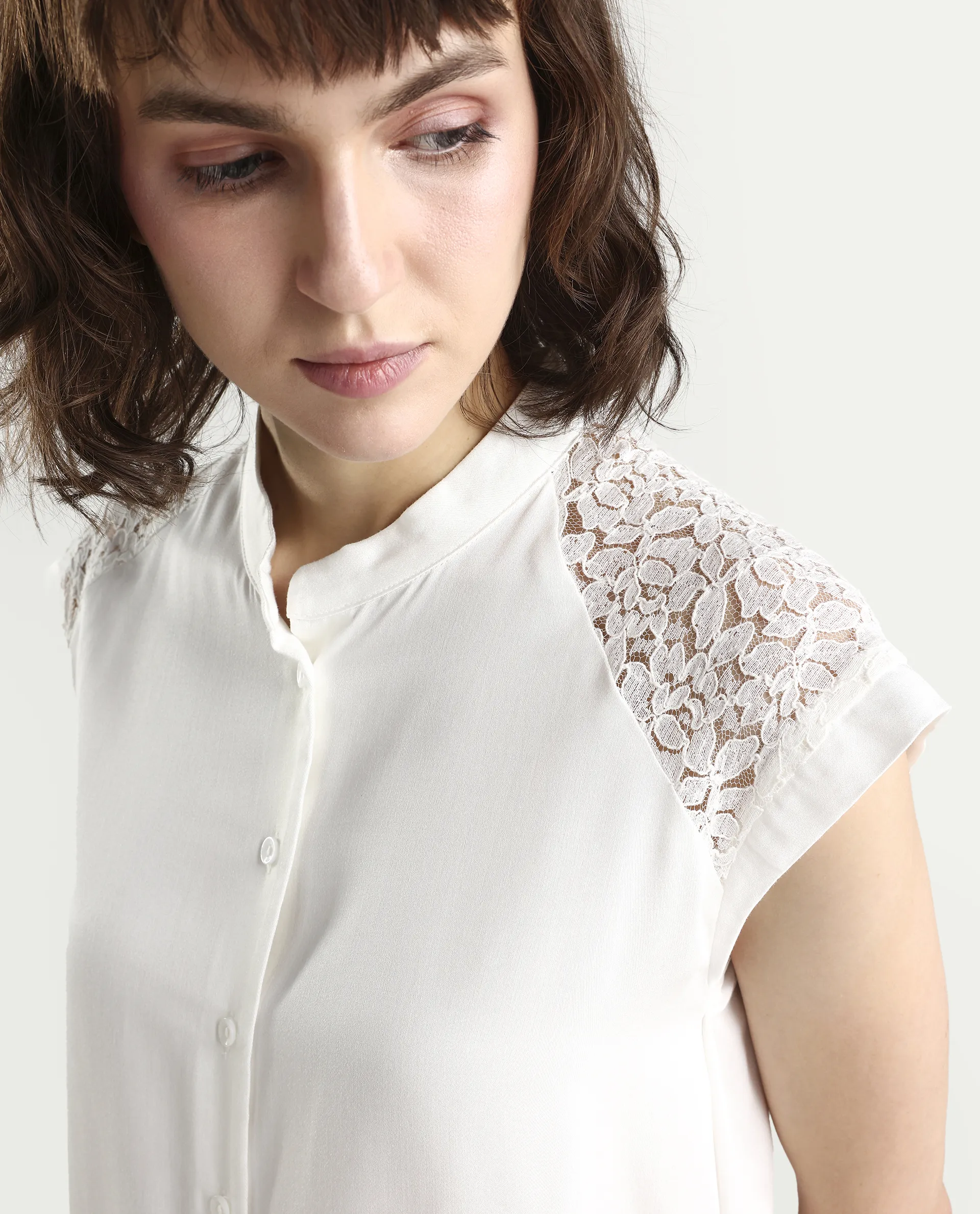 Rareism Women's Cida Off White Viscose Blend Half Sleeve Regular Fit Plain Top