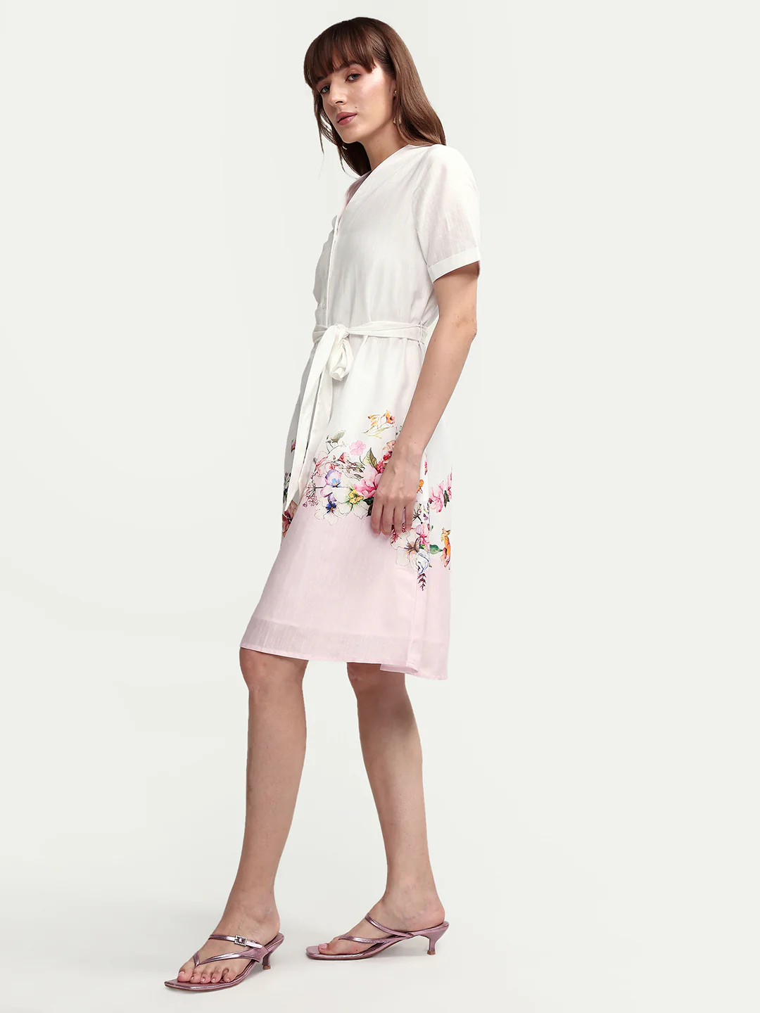 Rareism Women's Cilian White Cotton Blend Half Sleeve A-Line Floral Print Dress