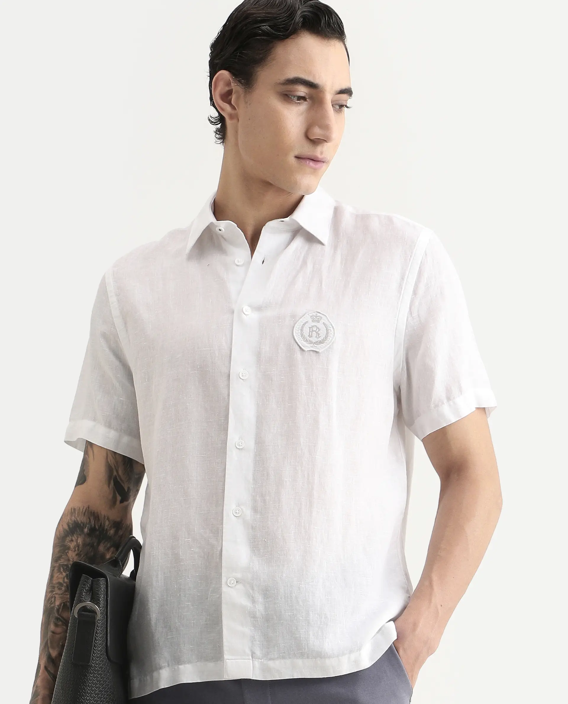 Rare Rabbit Men's Cine Ss White Linen Blend Fabric Half Sleeve Spread Collar Regular Fit Plain Shirt