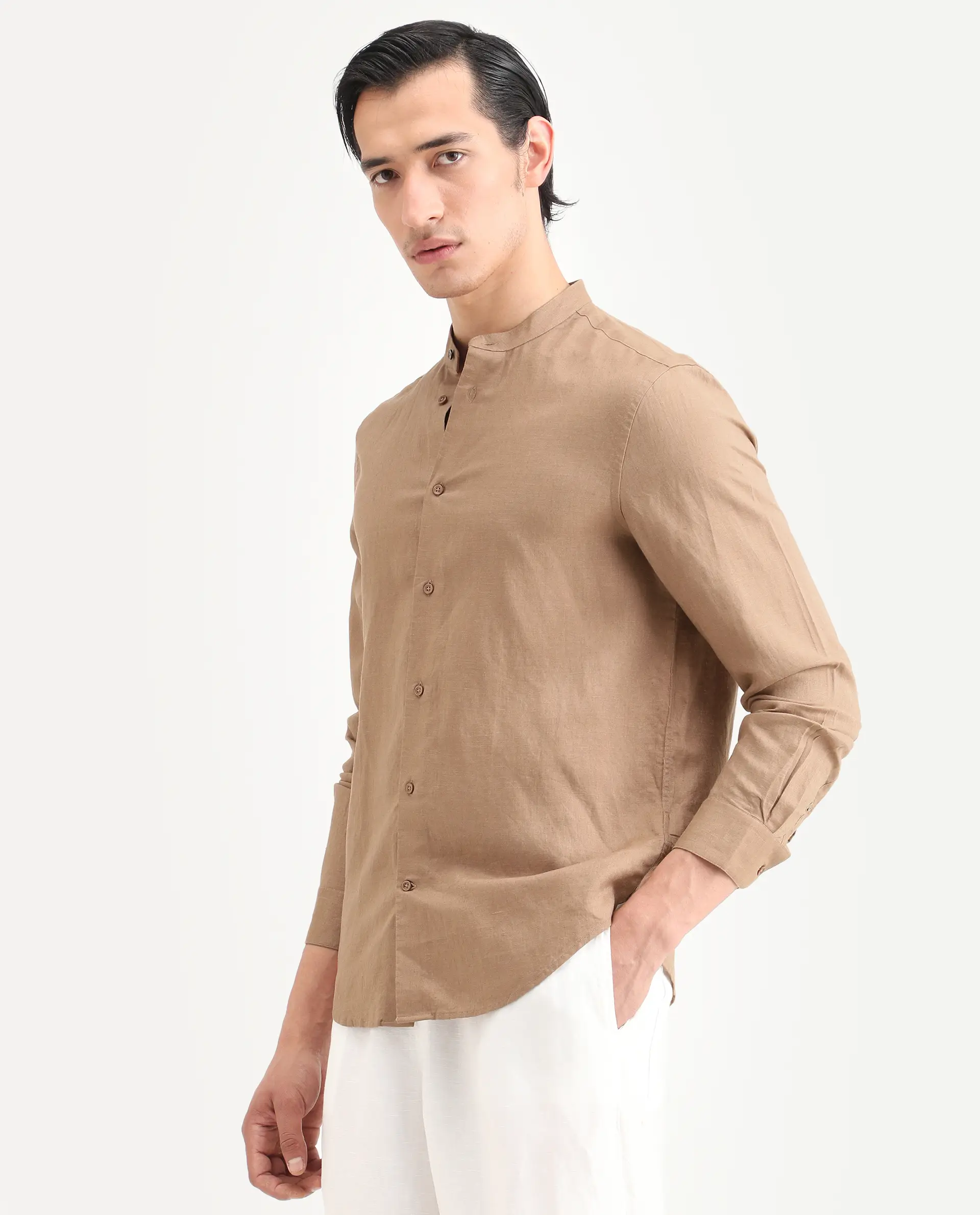 Rare Rabbit Men's Cinex 26 Light Brown 100% Linen Fabric Full Sleeve Regular Fit Plain Shirt - Image 5
