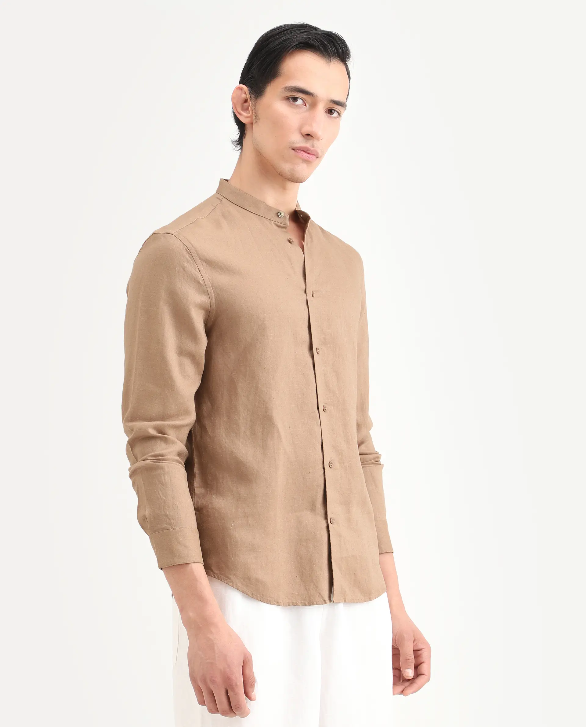 Rare Rabbit Men's Cinex 26 Light Brown 100% Linen Fabric Full Sleeve Regular Fit Plain Shirt - Image 6