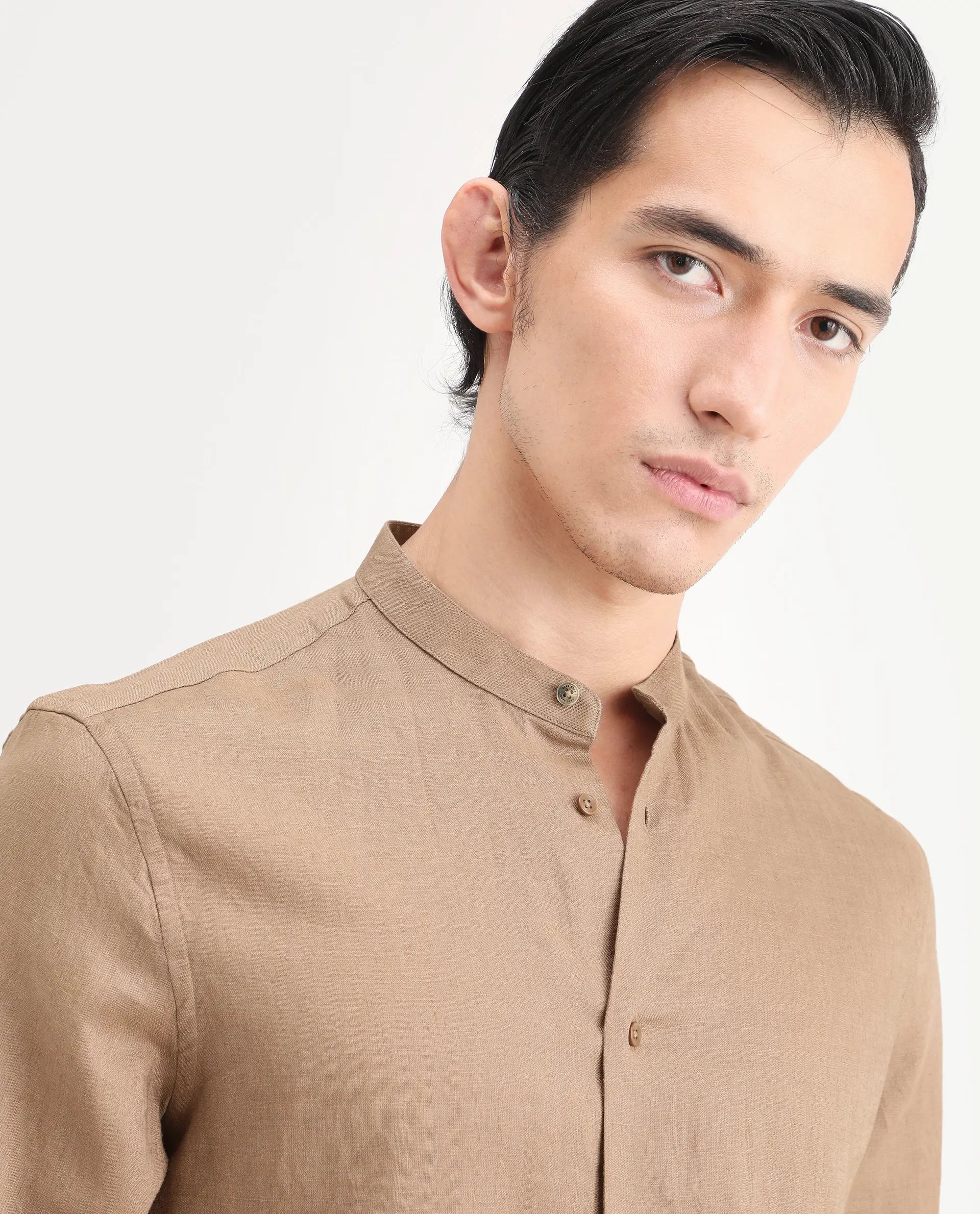 Rare Rabbit Men's Cinex 26 Light Brown 100% Linen Fabric Full Sleeve Regular Fit Plain Shirt - Image 8