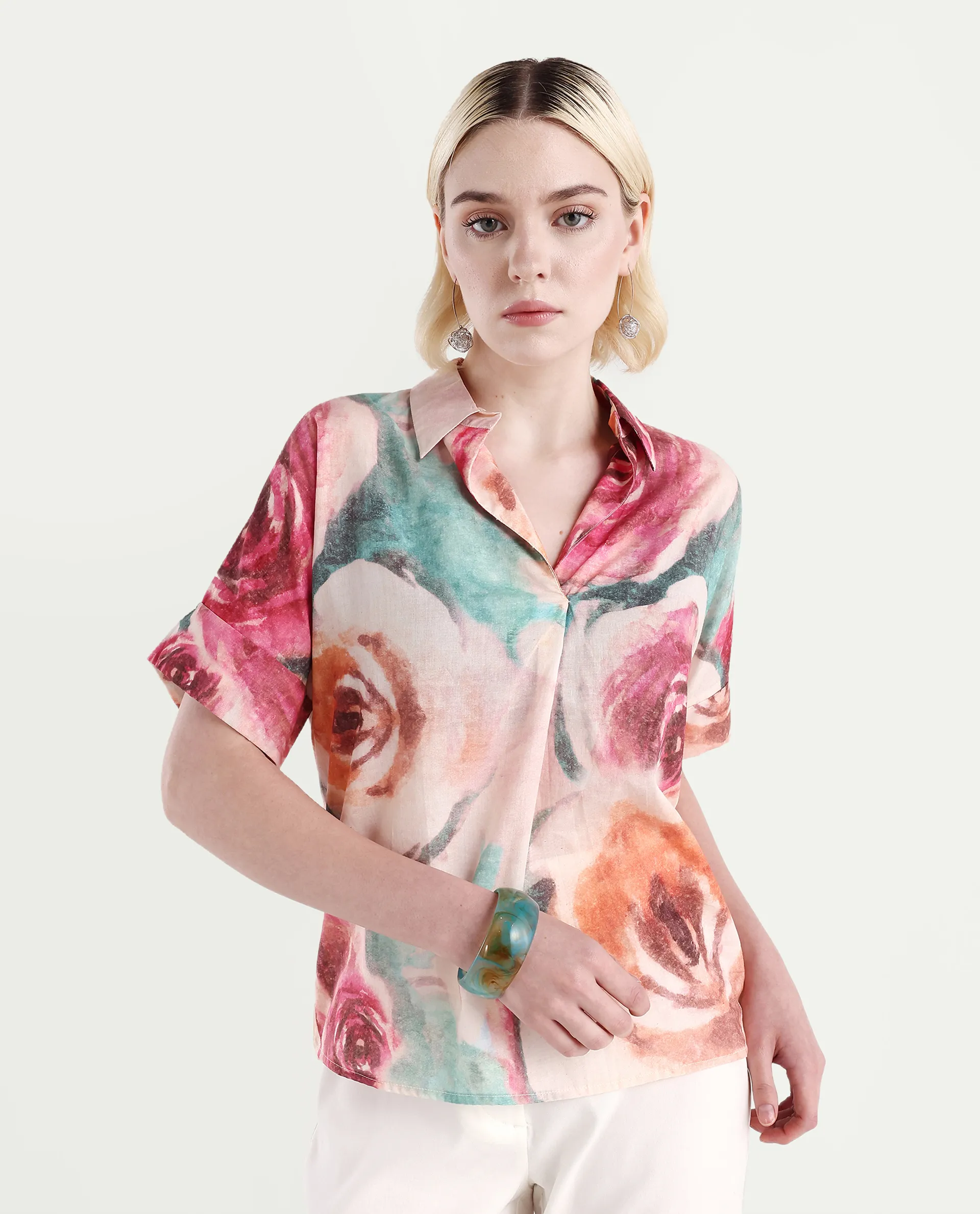Rareism Women's Cirio Multi Johnny Collar Printed Boxy Fit Top