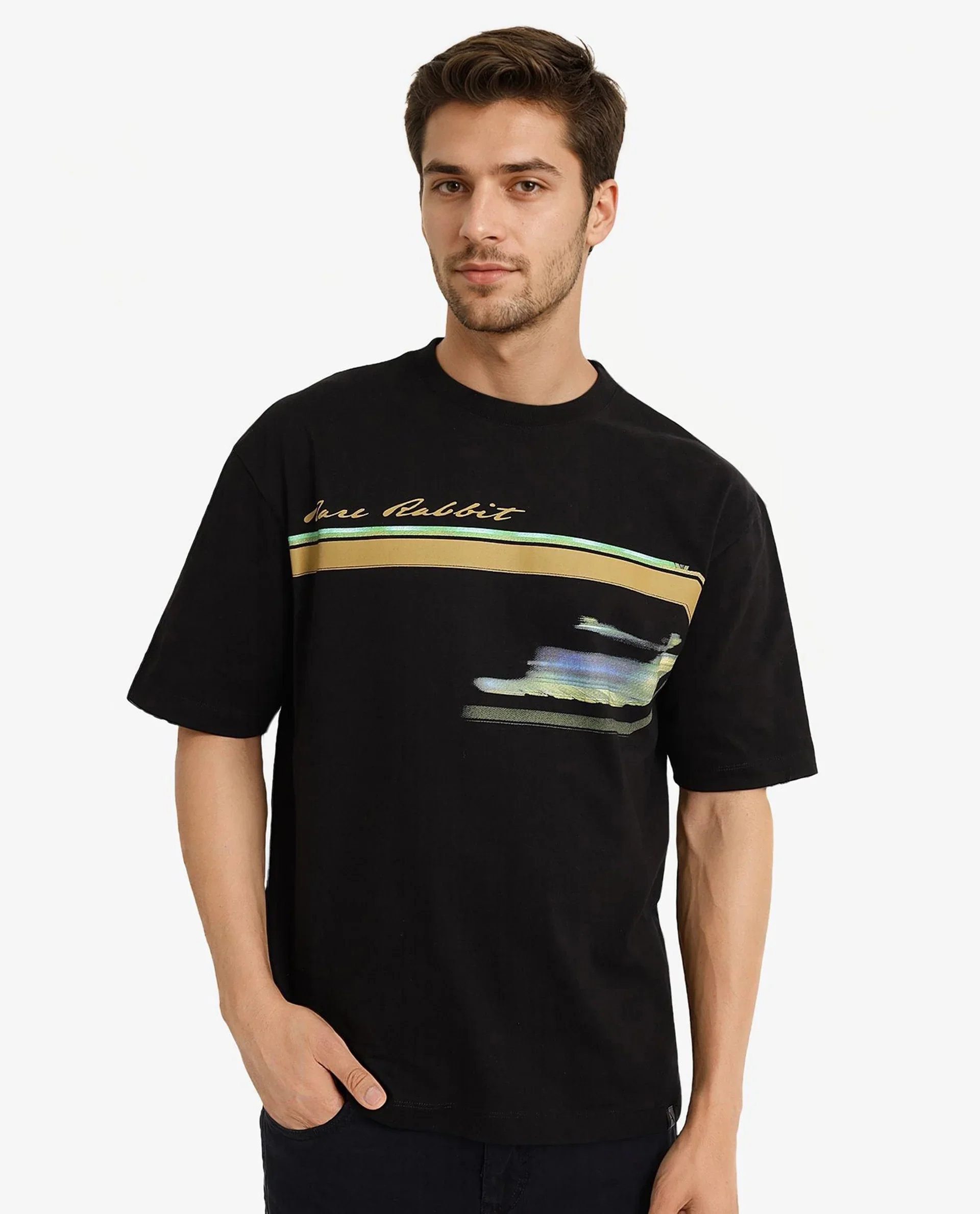 Rare Rabbit Men's Cius Black Cotton Graphic Print Oversized Fit Half Sleeve Crew Neck T-Shirt