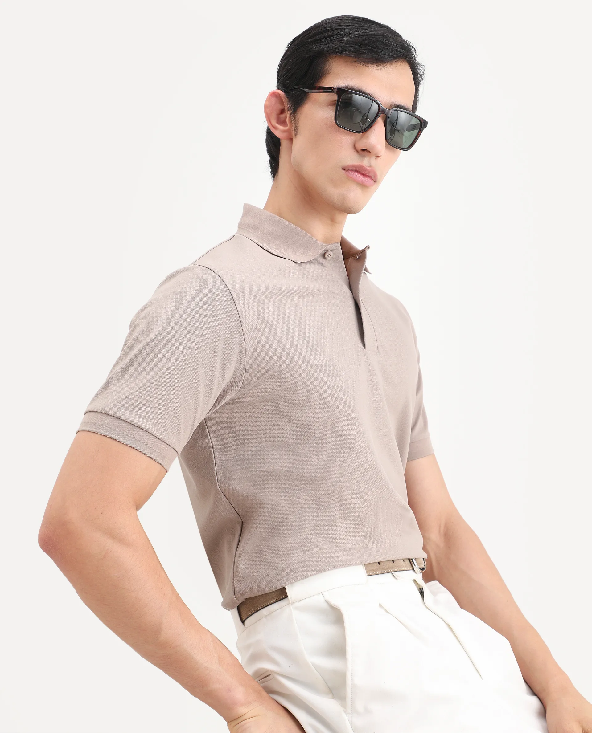Rare Rabbit Men's Clak Beige Cotton Blend Fabric Half Sleeve Spread Collar Regular Fit Plain Polo