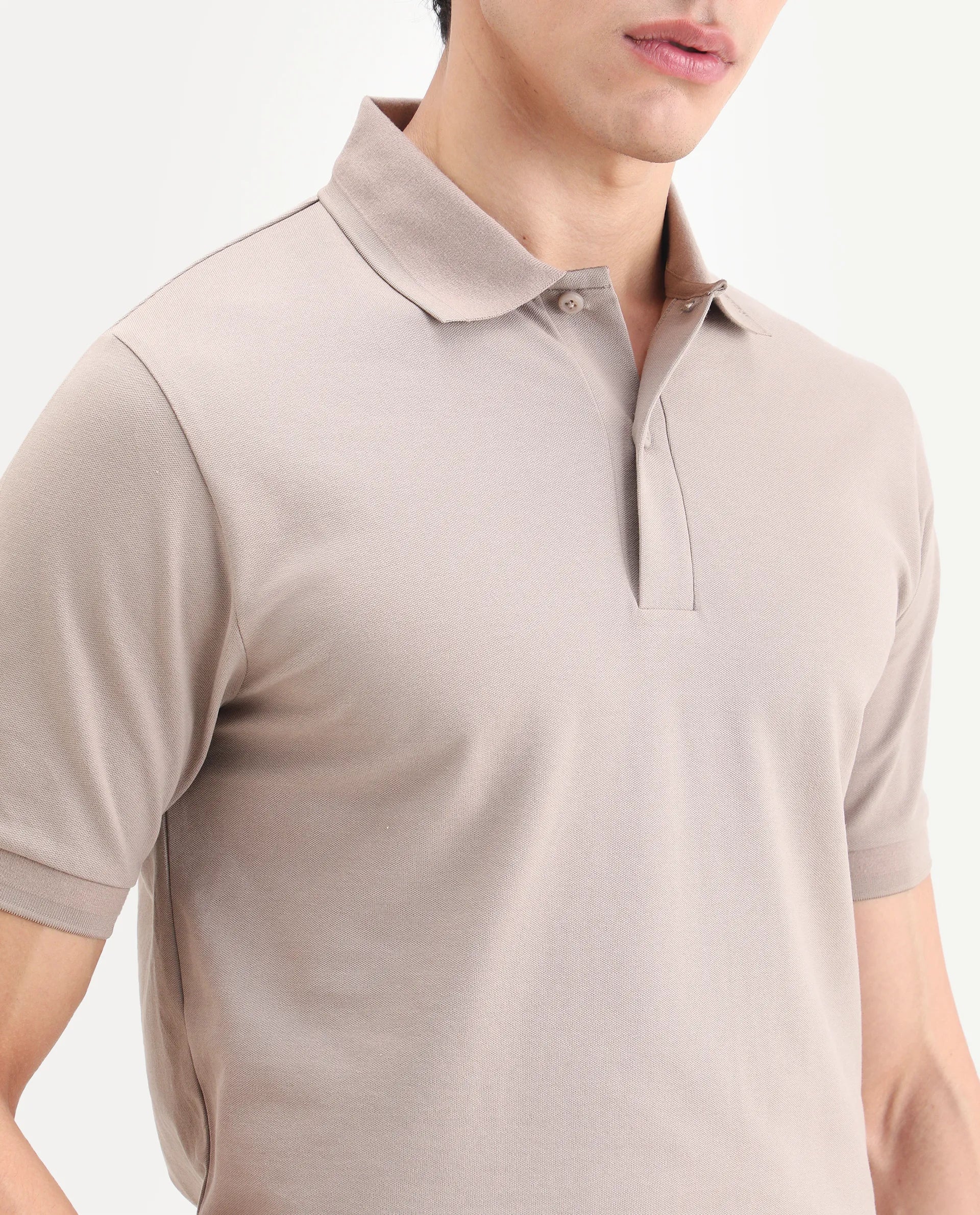 Rare Rabbit Men's Clak Beige Cotton Blend Fabric Half Sleeve Spread Collar Regular Fit Plain Polo - Image 3