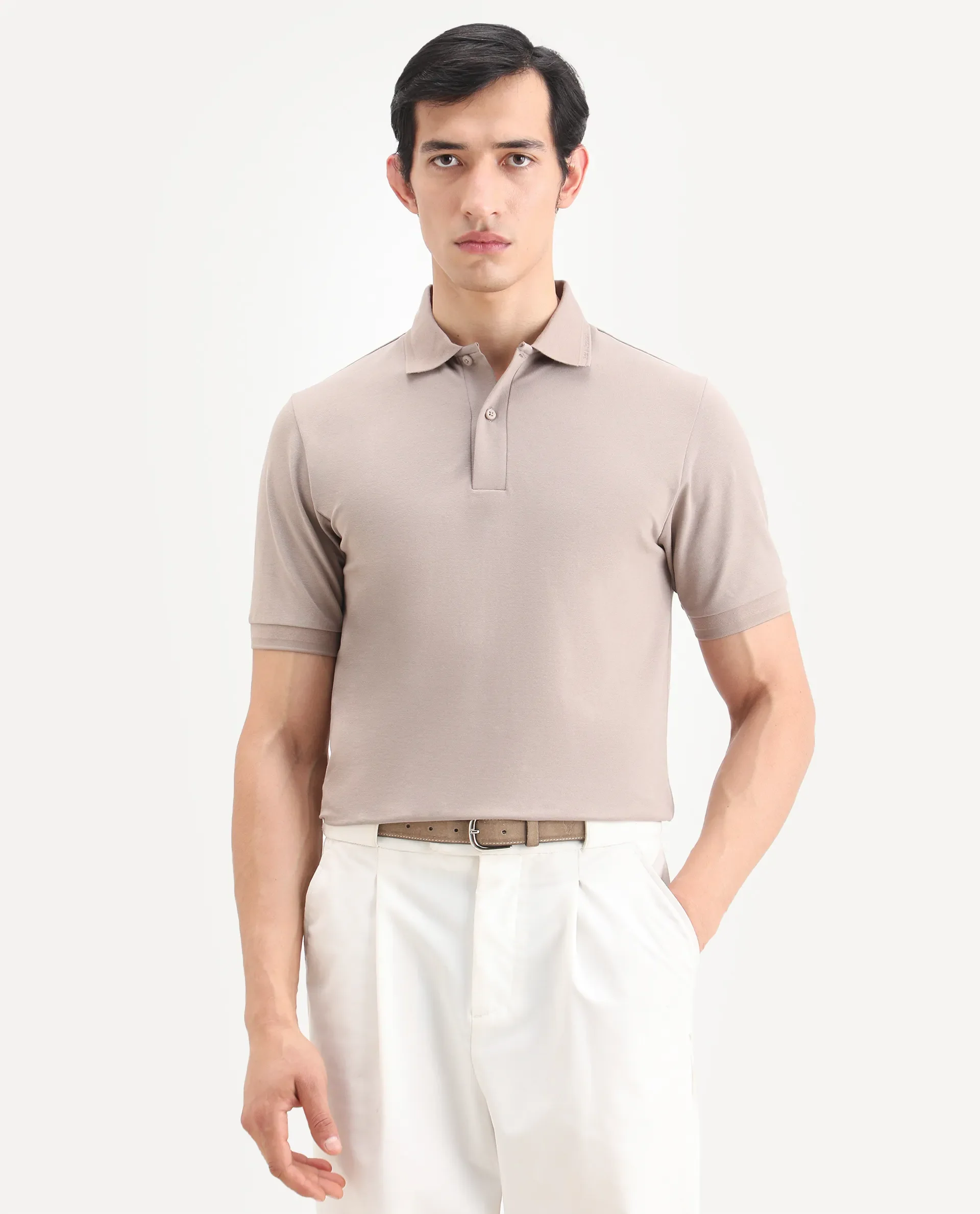 Rare Rabbit Men's Clak Beige Cotton Blend Fabric Half Sleeve Spread Collar Regular Fit Plain Polo - Image 4