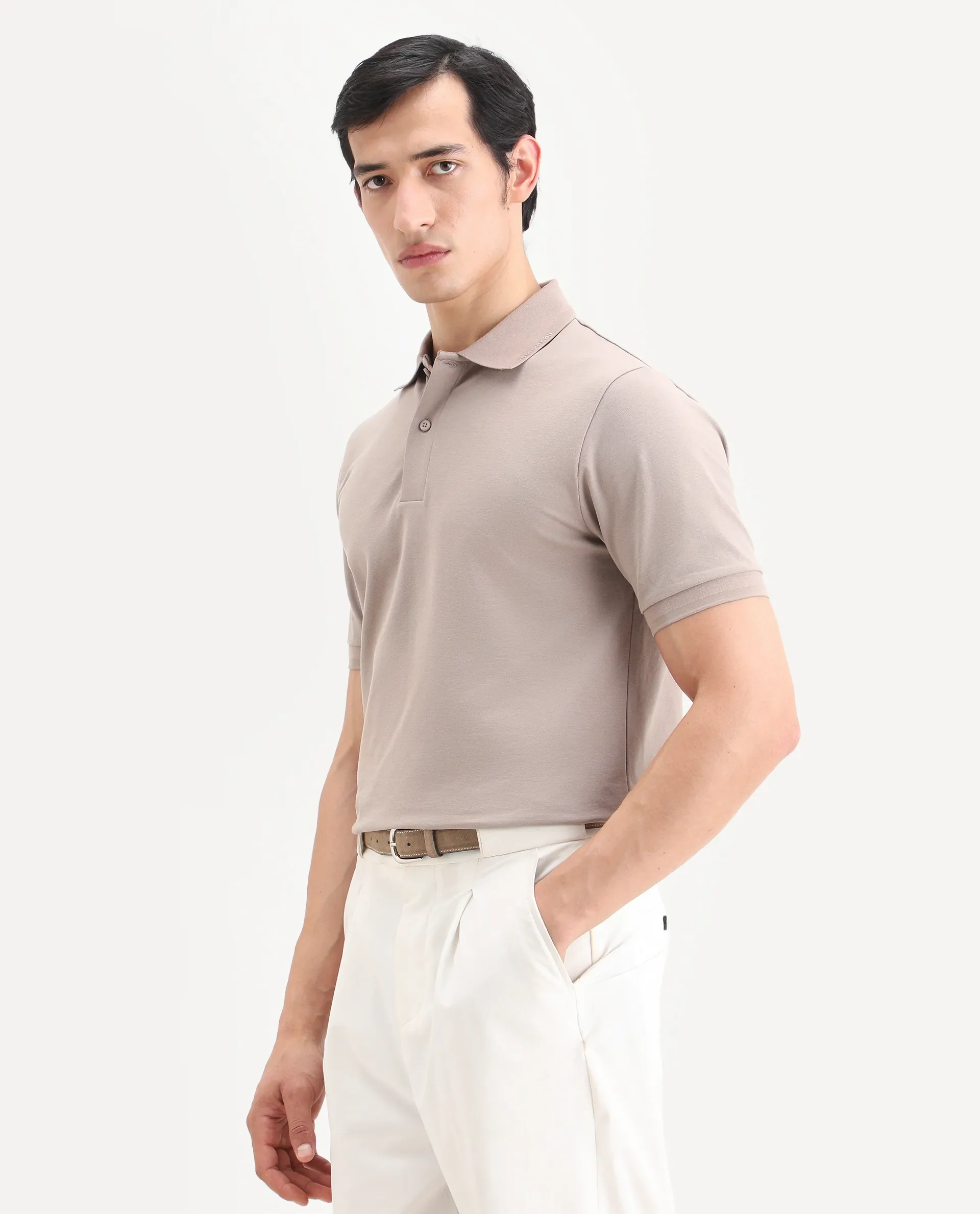 Rare Rabbit Men's Clak Beige Cotton Blend Fabric Half Sleeve Spread Collar Regular Fit Plain Polo - Image 5
