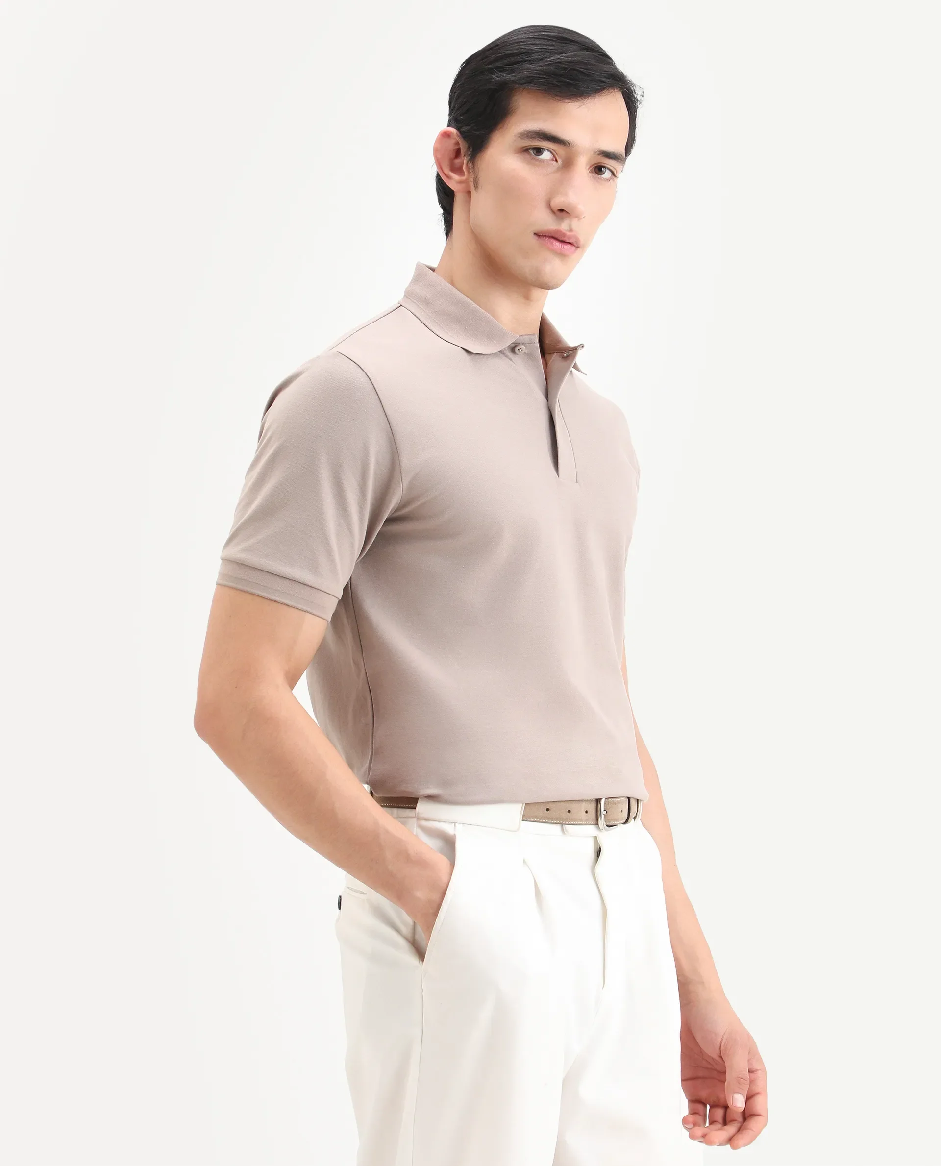 Rare Rabbit Men's Clak Beige Cotton Blend Fabric Half Sleeve Spread Collar Regular Fit Plain Polo - Image 7