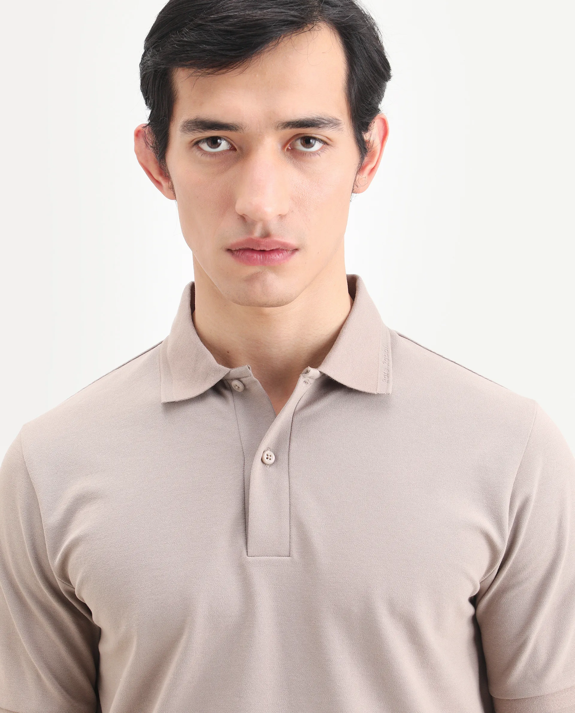 Rare Rabbit Men's Clak Beige Cotton Blend Fabric Half Sleeve Spread Collar Regular Fit Plain Polo - Image 8