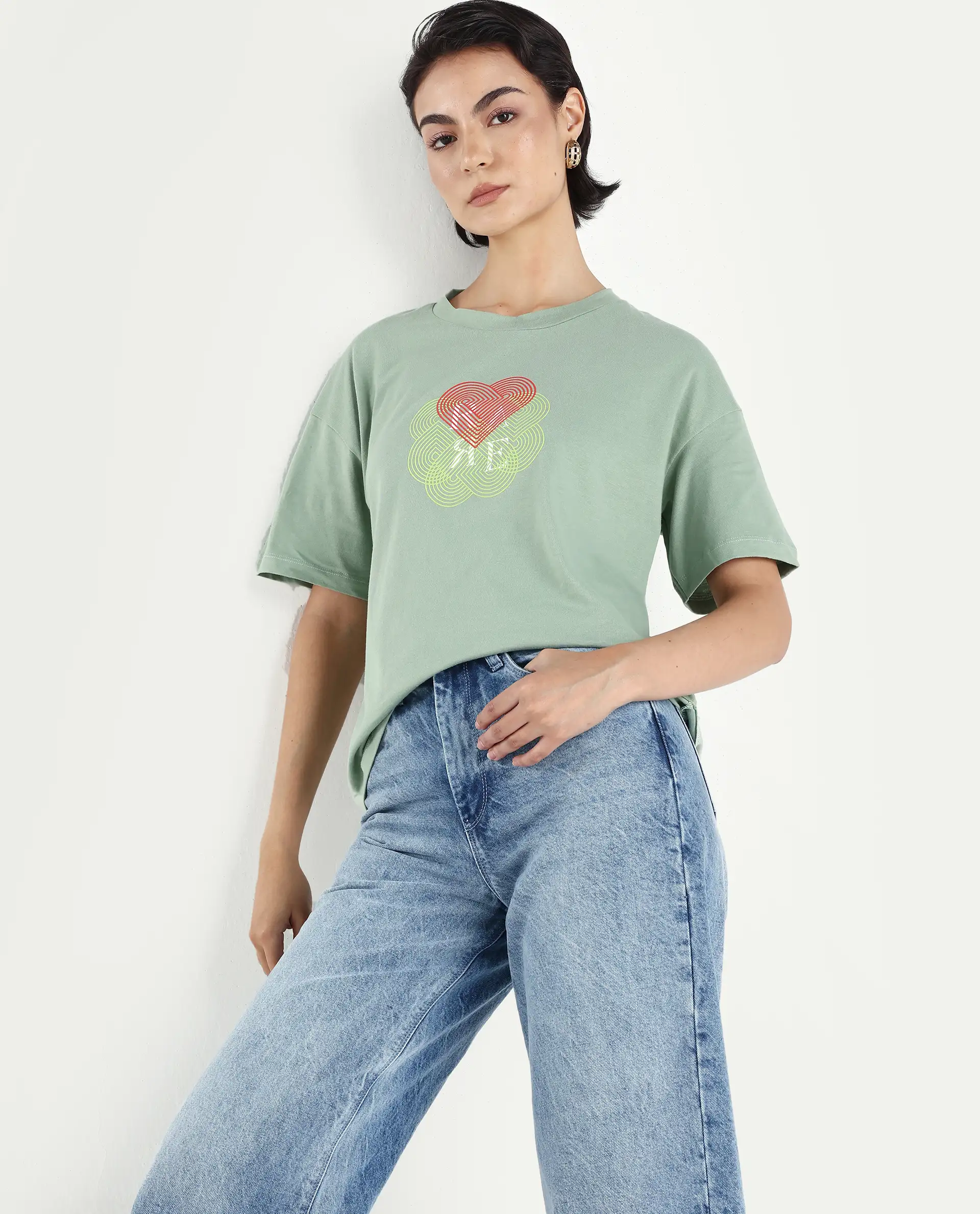 Rareism Women's Clea-R Dusky Green Knit Crew Neck Plain T-Shirt