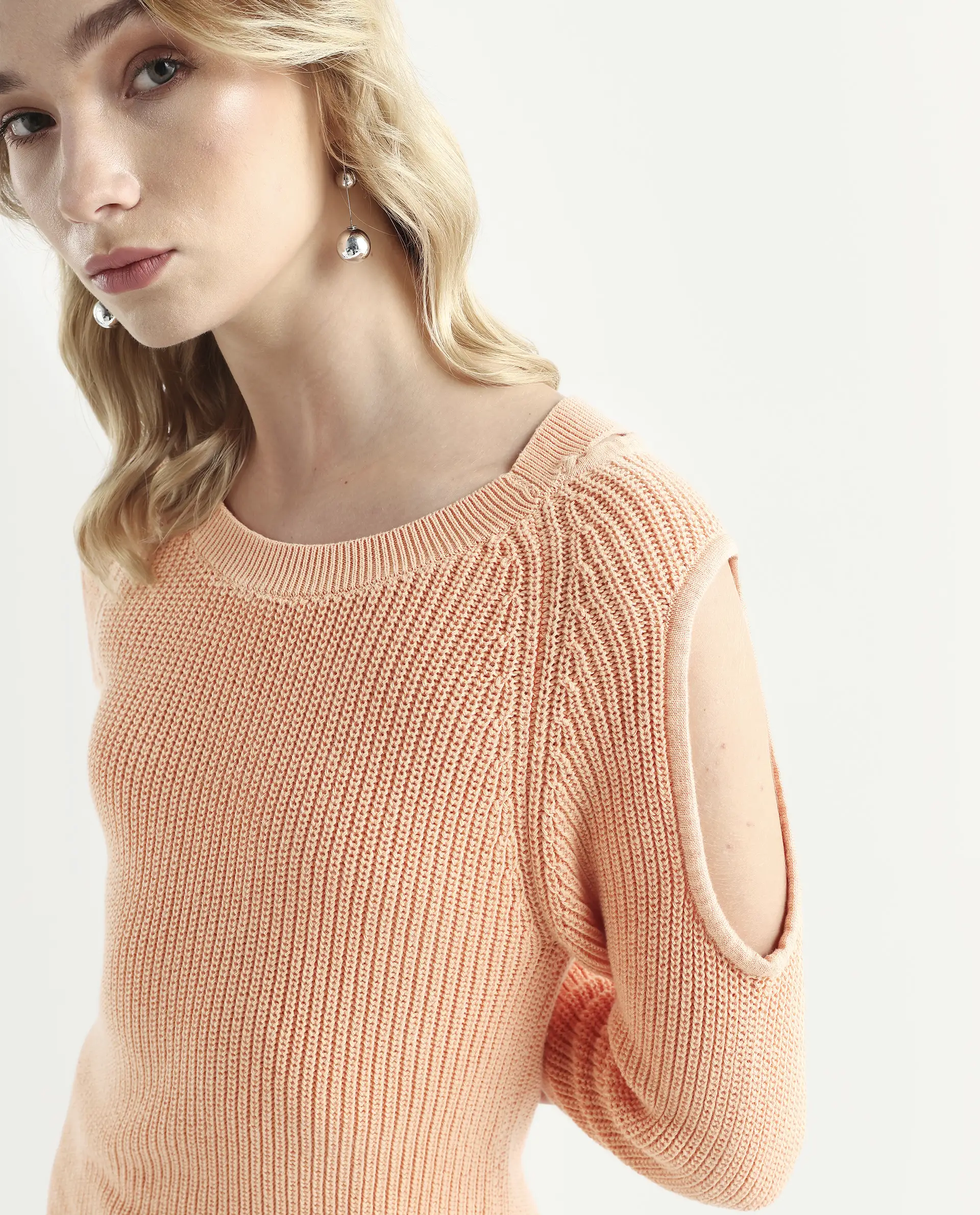 Rareism Women's Cold Orange Cotton Boat Neck Plain Slim Fit Sweater