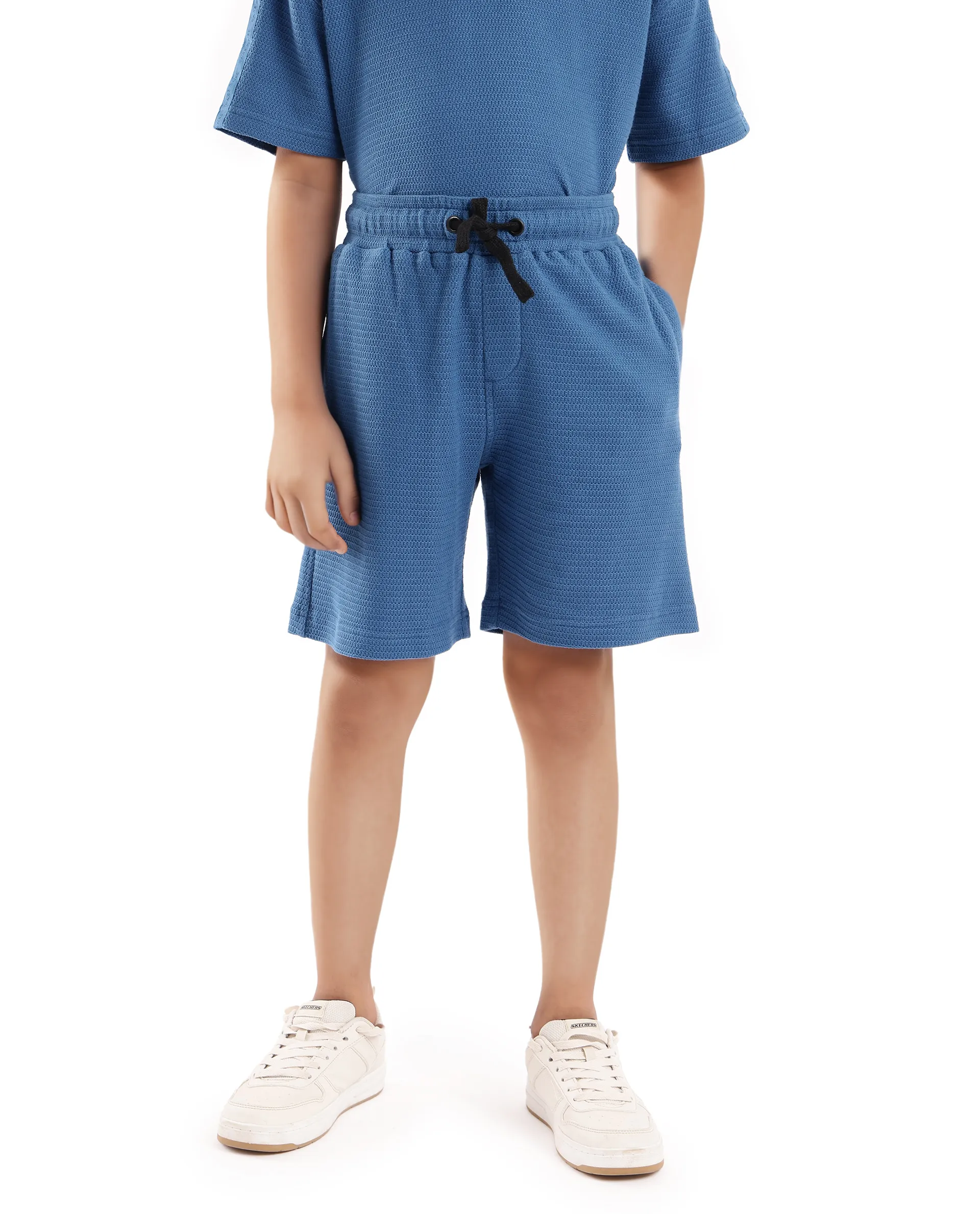 Rare Ones Kids Cole Teal Cotton Solid Drawstring Closure Textured Shorts - Image 2