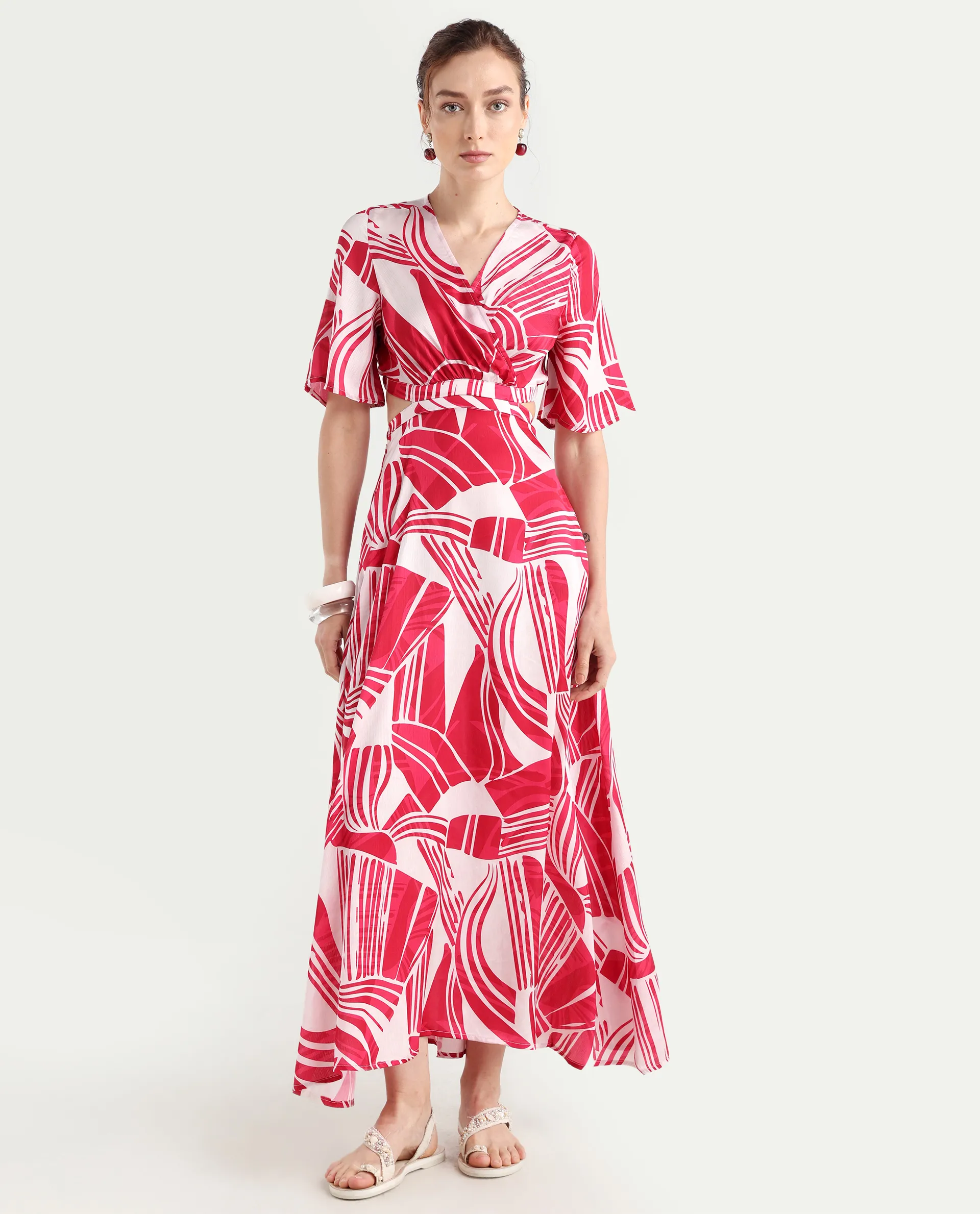 Rareism Women's Colima Red Polyester Overlap Neck Abstract Print Maxi Fit And Flare Dress - Image 2