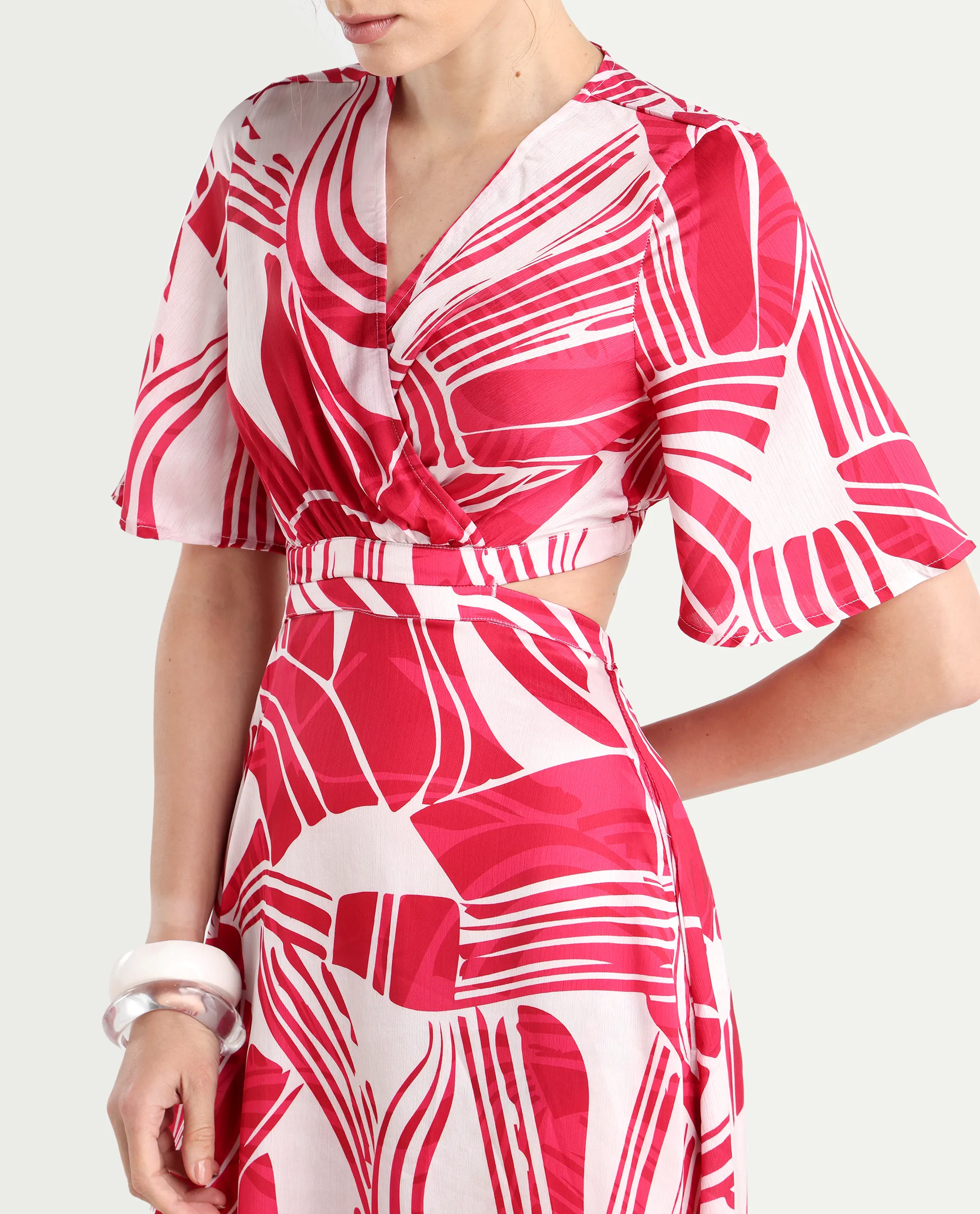 Rareism Women's Colima Red Polyester Overlap Neck Abstract Print Maxi Fit And Flare Dress - Image 4