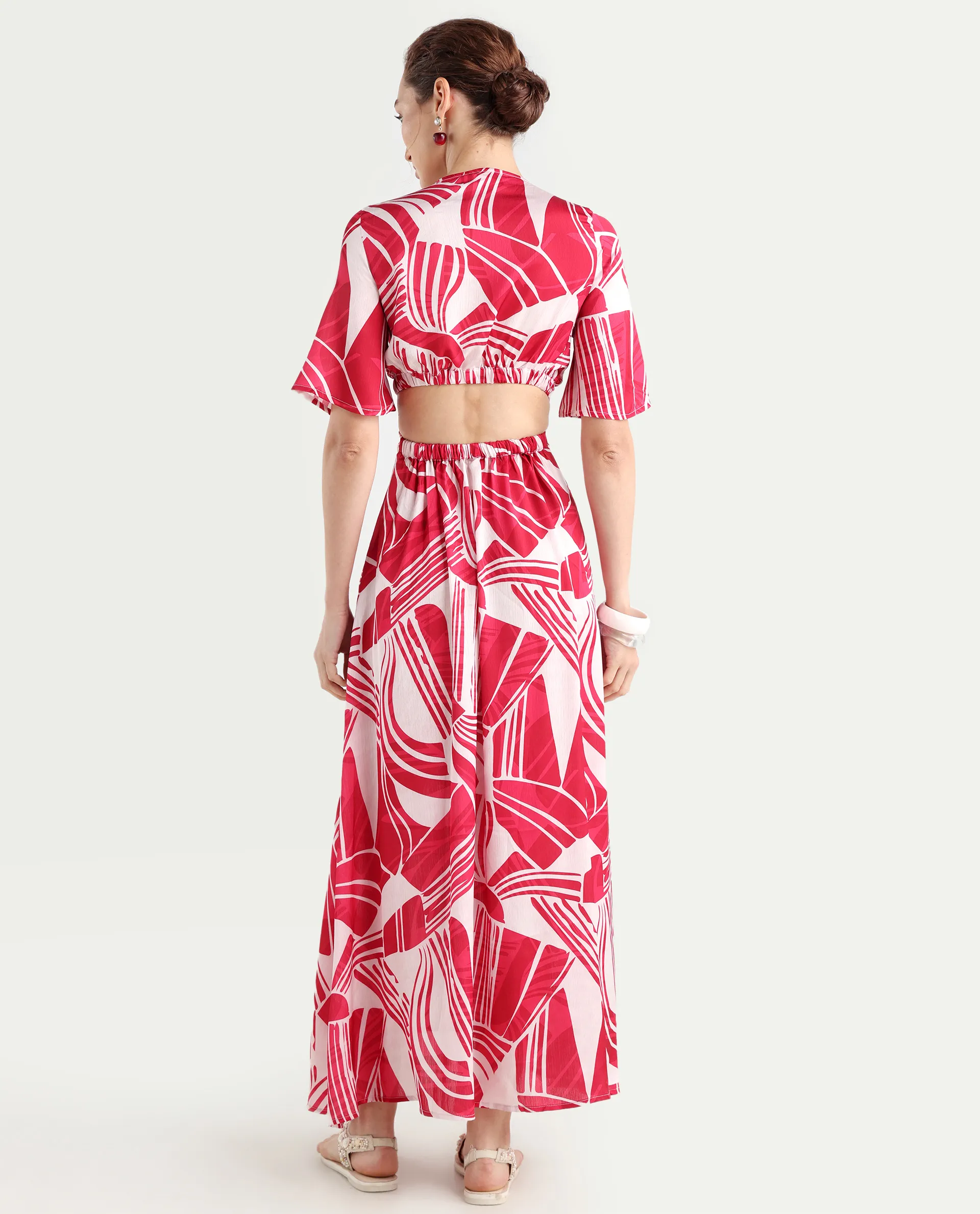 Rareism Women's Colima Red Polyester Overlap Neck Abstract Print Maxi Fit And Flare Dress - Image 8