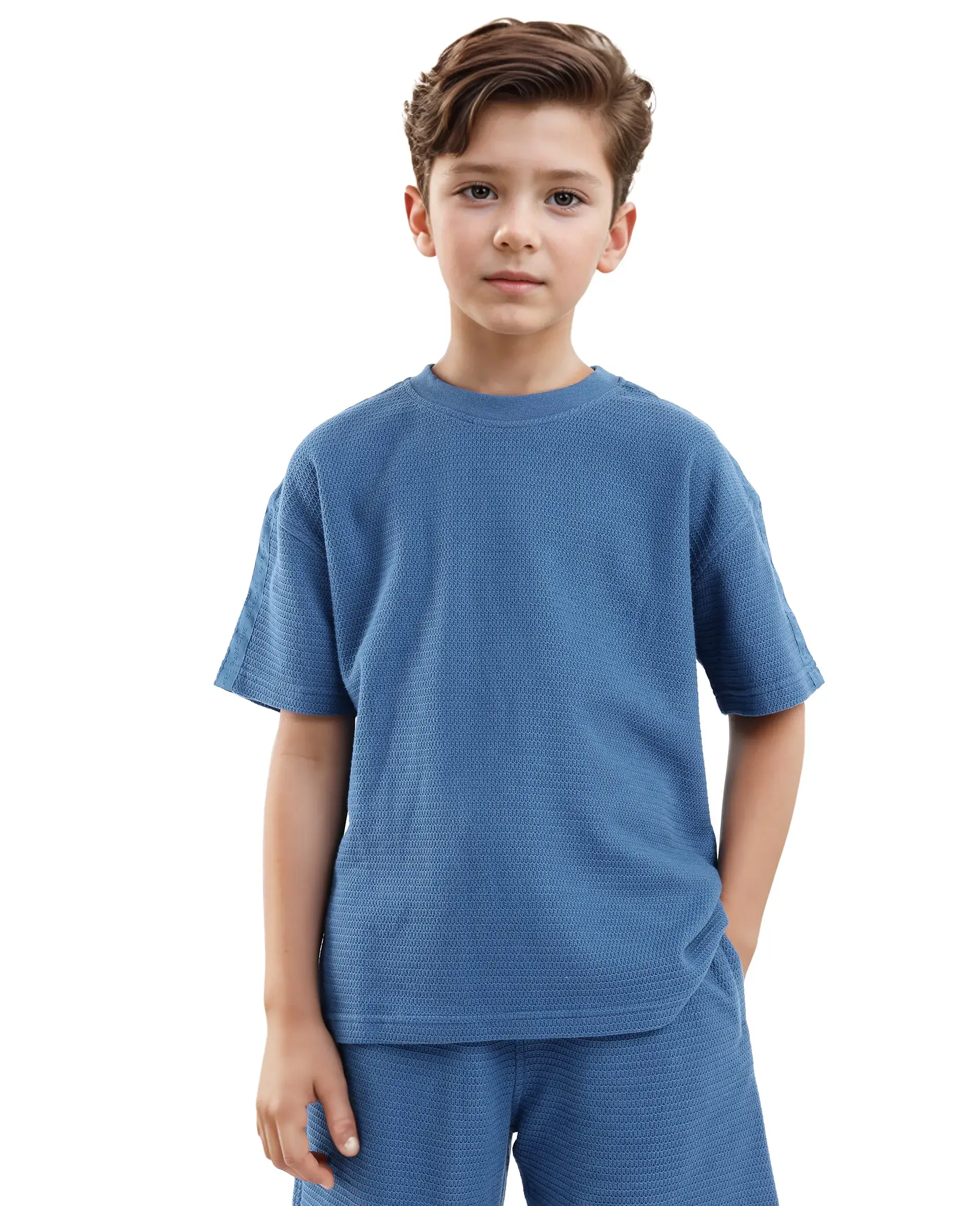 Rare Ones Kids Cols Teal Cotton Half Sleeves Crew Neck Oversized Fit Textured Solid T-Shirt - Image 2