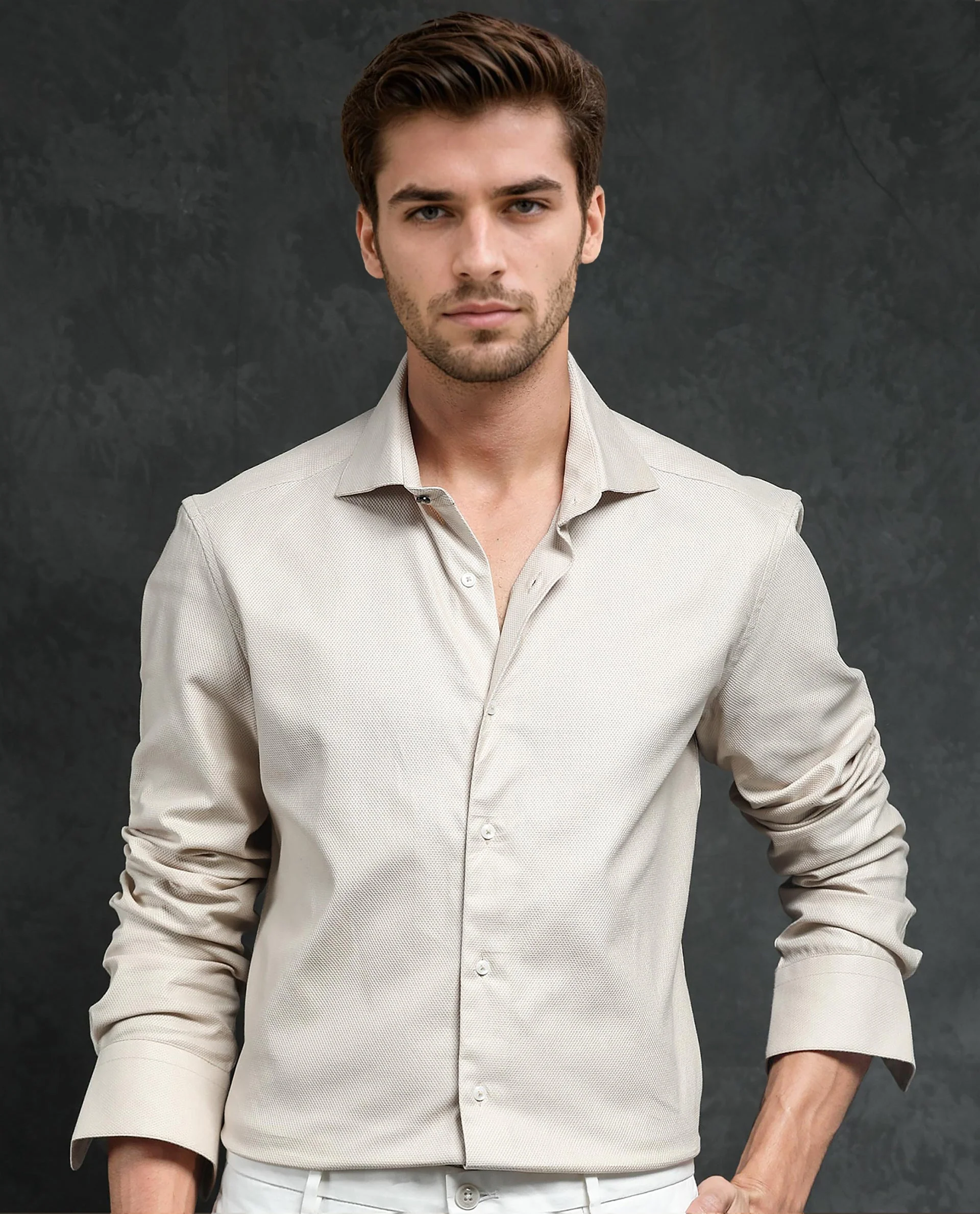 Rare Rabbit Men's Comb-1 Light Beige Cotton Plain Regular Fit Full Sleeve Collared Shirt