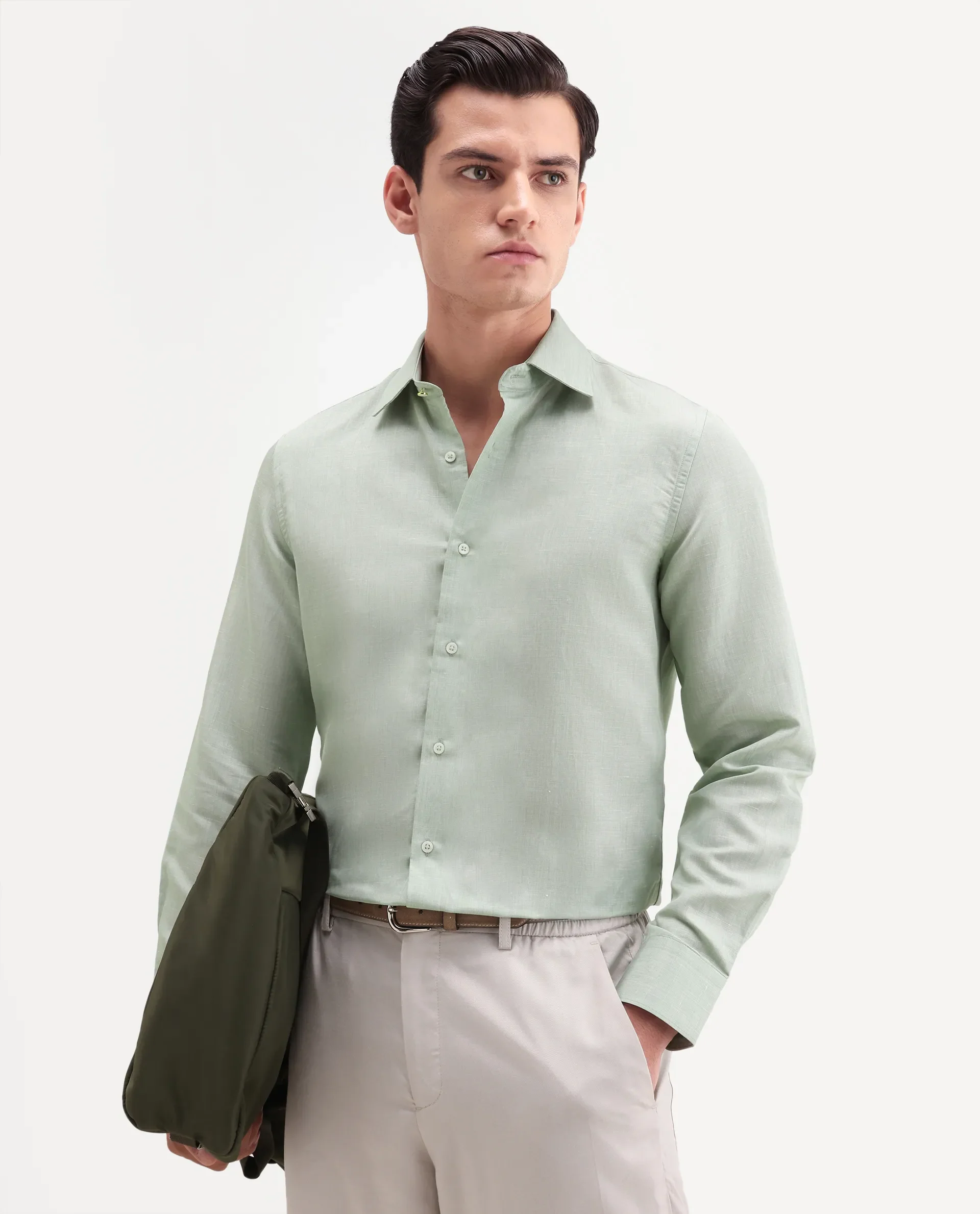 Rare Rabbit Men's Commas Light Green Linen Blend Plain Regular Fit Full Sleeve Collared Shirt