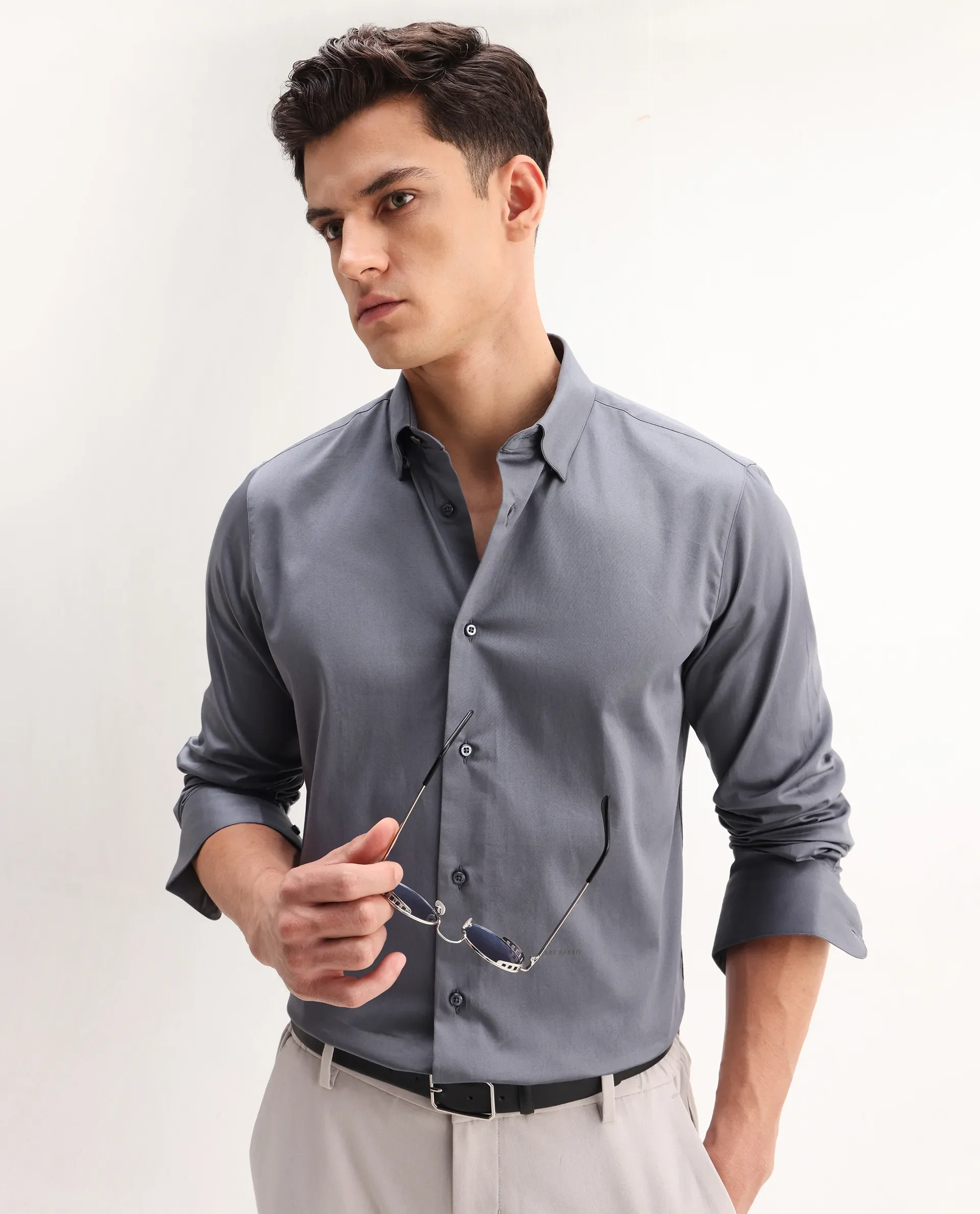 Rare Rabbit Men's Como-26 Dusky Blue Satin Plain Regular Fit Full Sleeve Collared Shirt