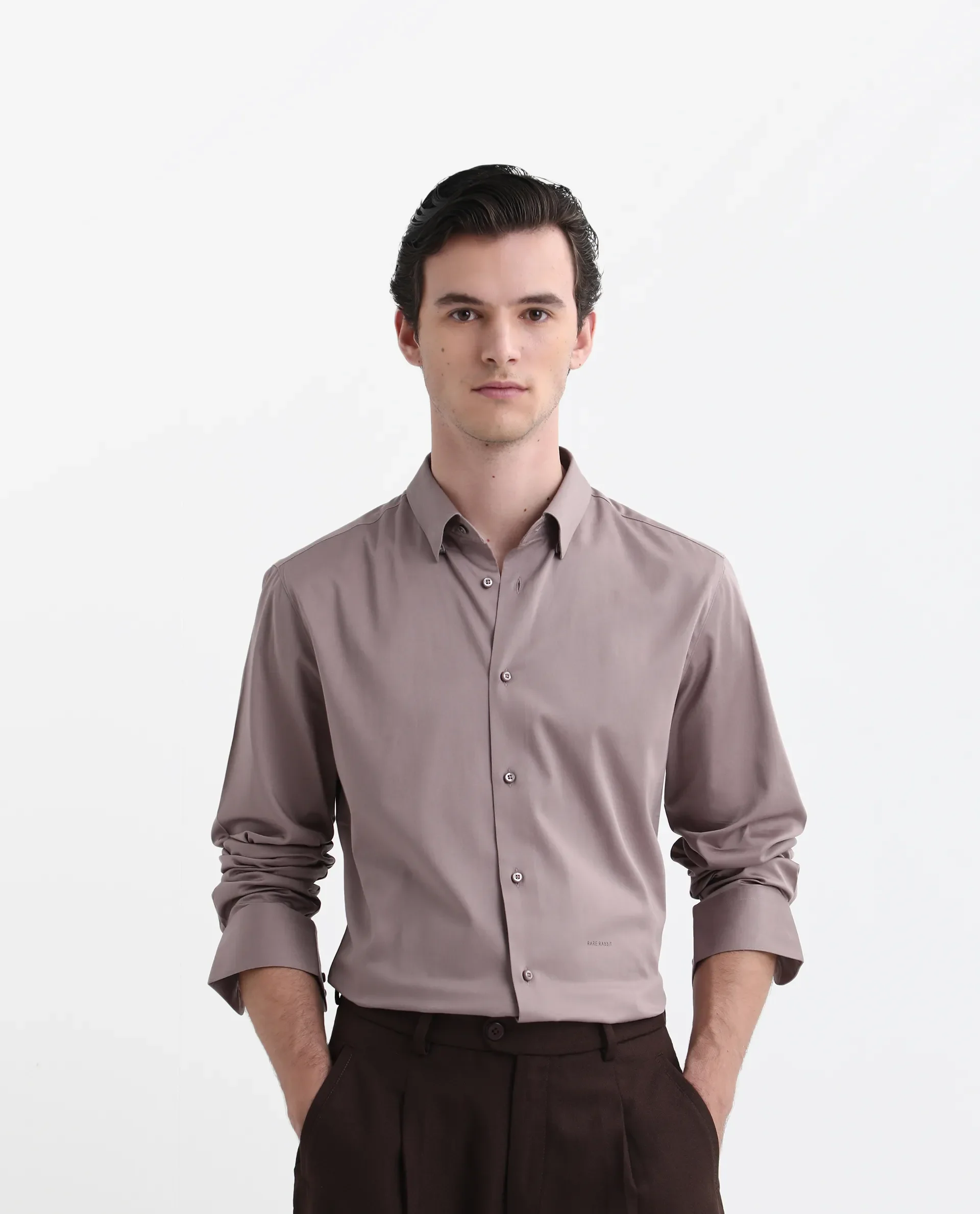 Rare Rabbit Men's Como-26 Dusky Pink Satin Plain Regular Fit Full Sleeve Collared Shirt