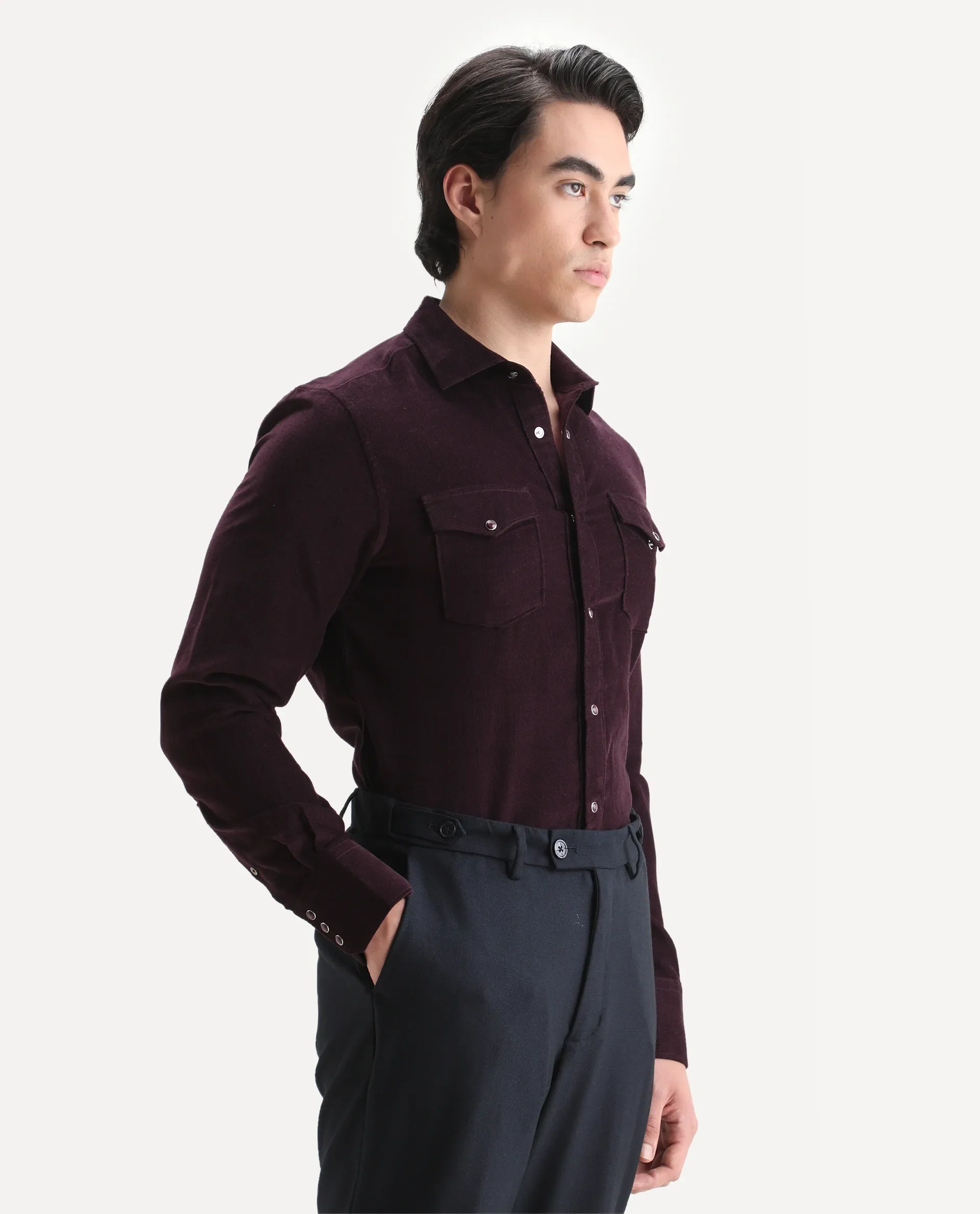 Rare Rabbit Men's Cord Dark Maroon Cotton Fabric Collared Neck Regular Fit Plain Shirt - Image 4