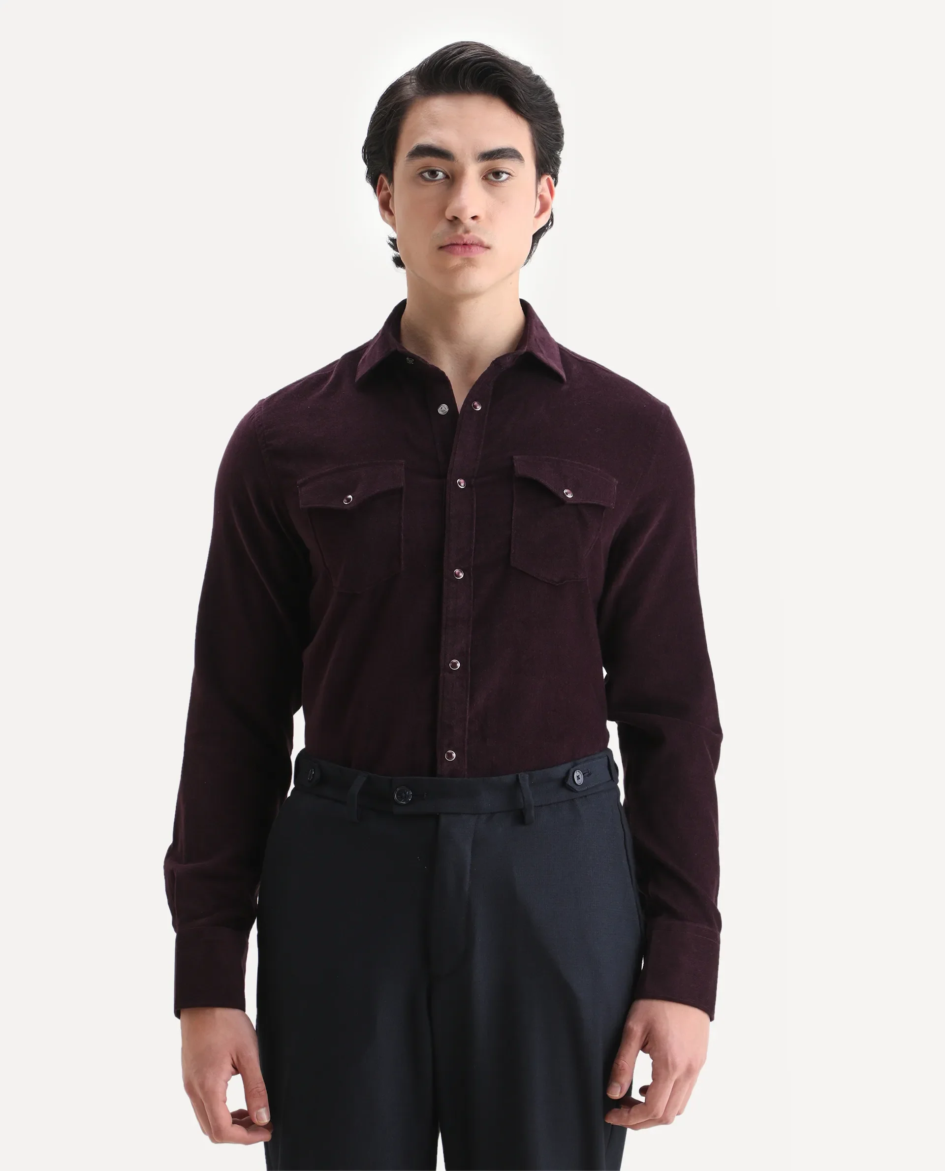 Rare Rabbit Men's Cord Dark Maroon Cotton Fabric Collared Neck Regular Fit Plain Shirt - Image 6